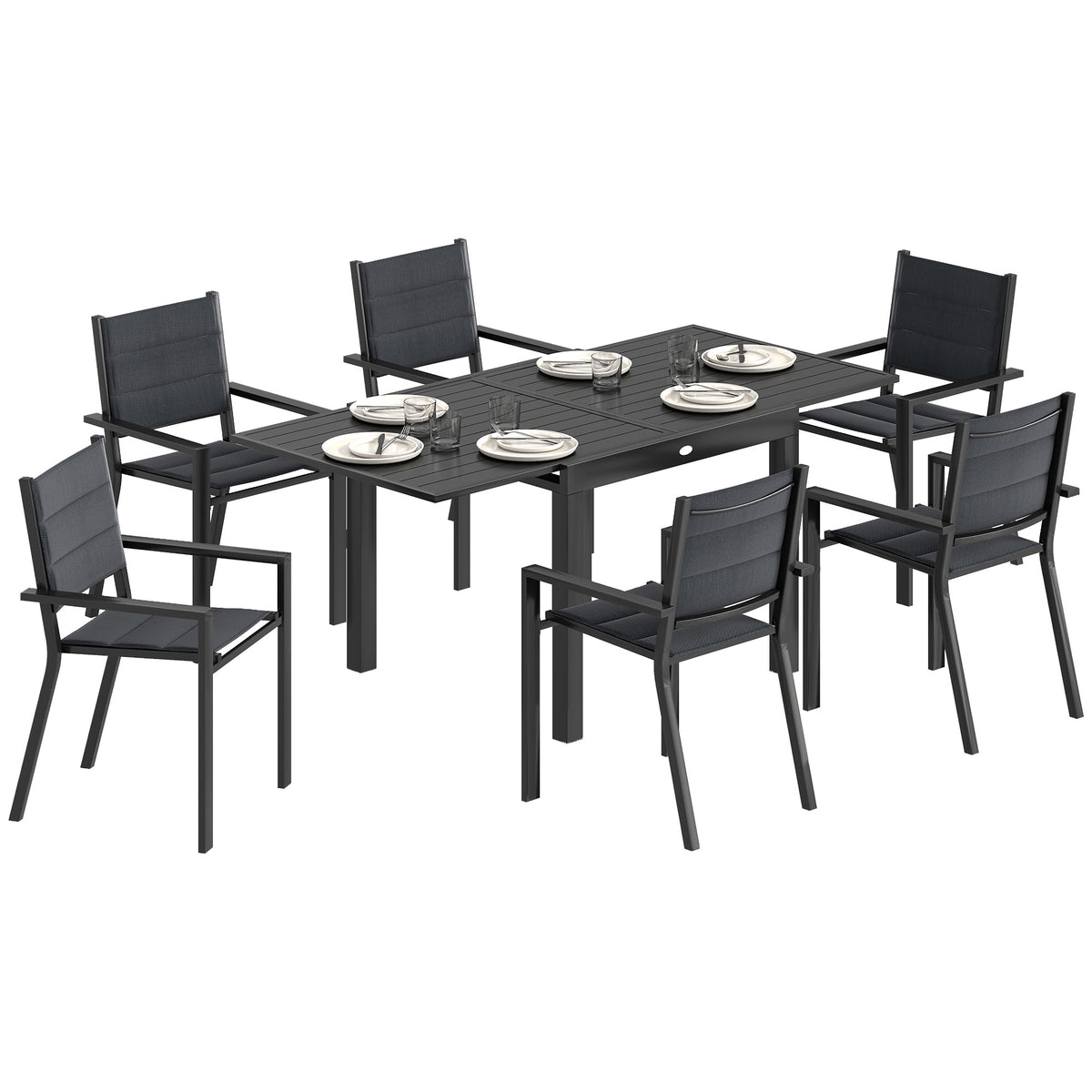 Patio Dining Set for 6, Aluminum Expandable Outdoor Table and 6 Stackable Chairs with Padded Back, Mesh Seat – Black