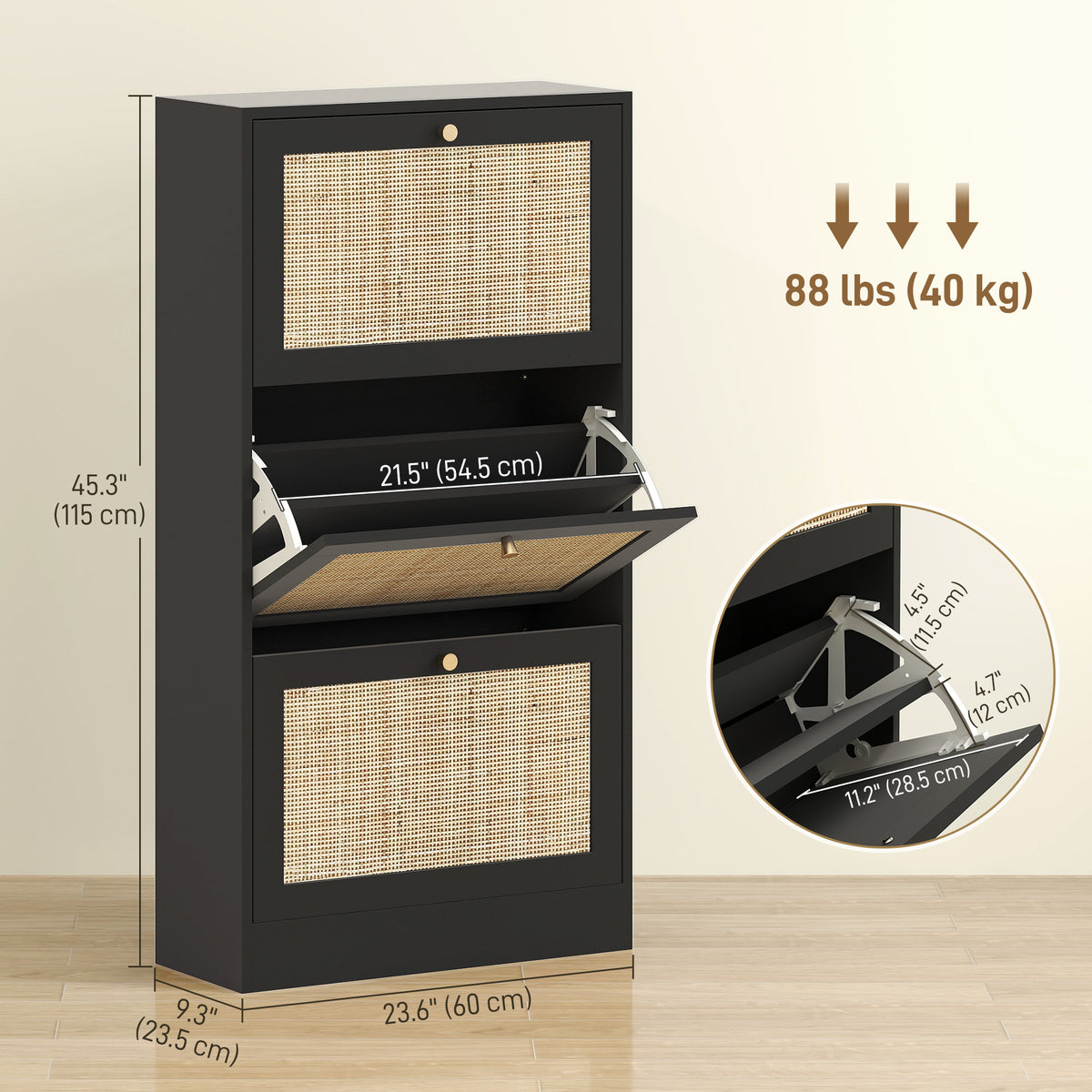 Rattan Shoe Storage Cabinet with 3 Flip Drawers – 24"W x 45"H