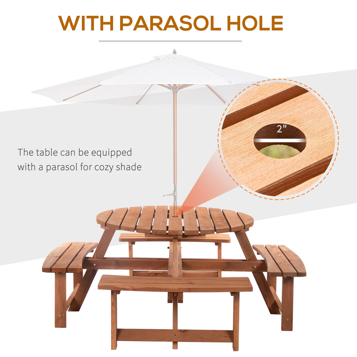 8 Seater Round Wooden Pub Bench & Picnic Table, Patio Dining Set for Outdoor Patio (Umbrella Not Included) – Brownish Red