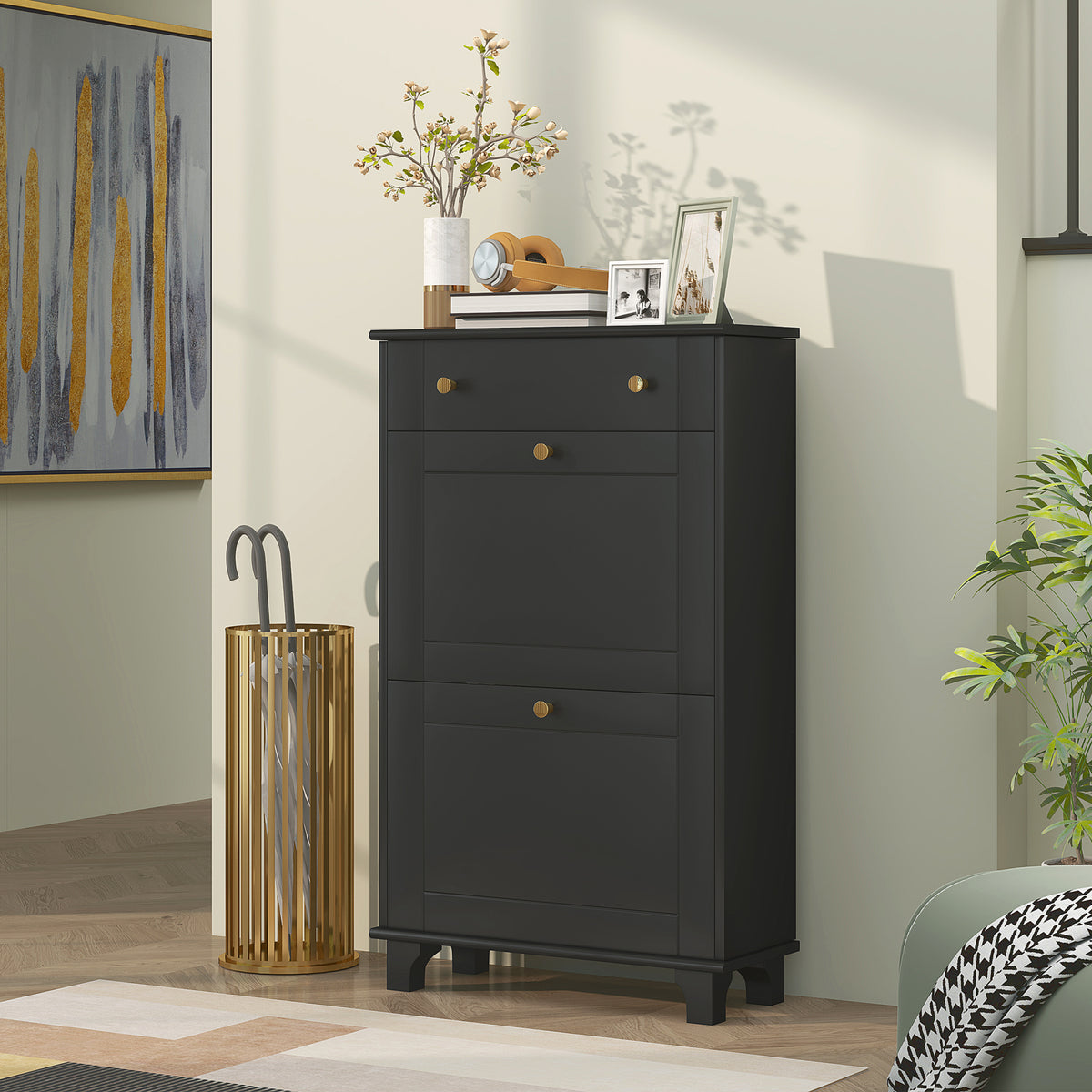 Slim Shoe Storage with 2 Flip Drawers and Adjustable Shelves – 24"W x 39"H