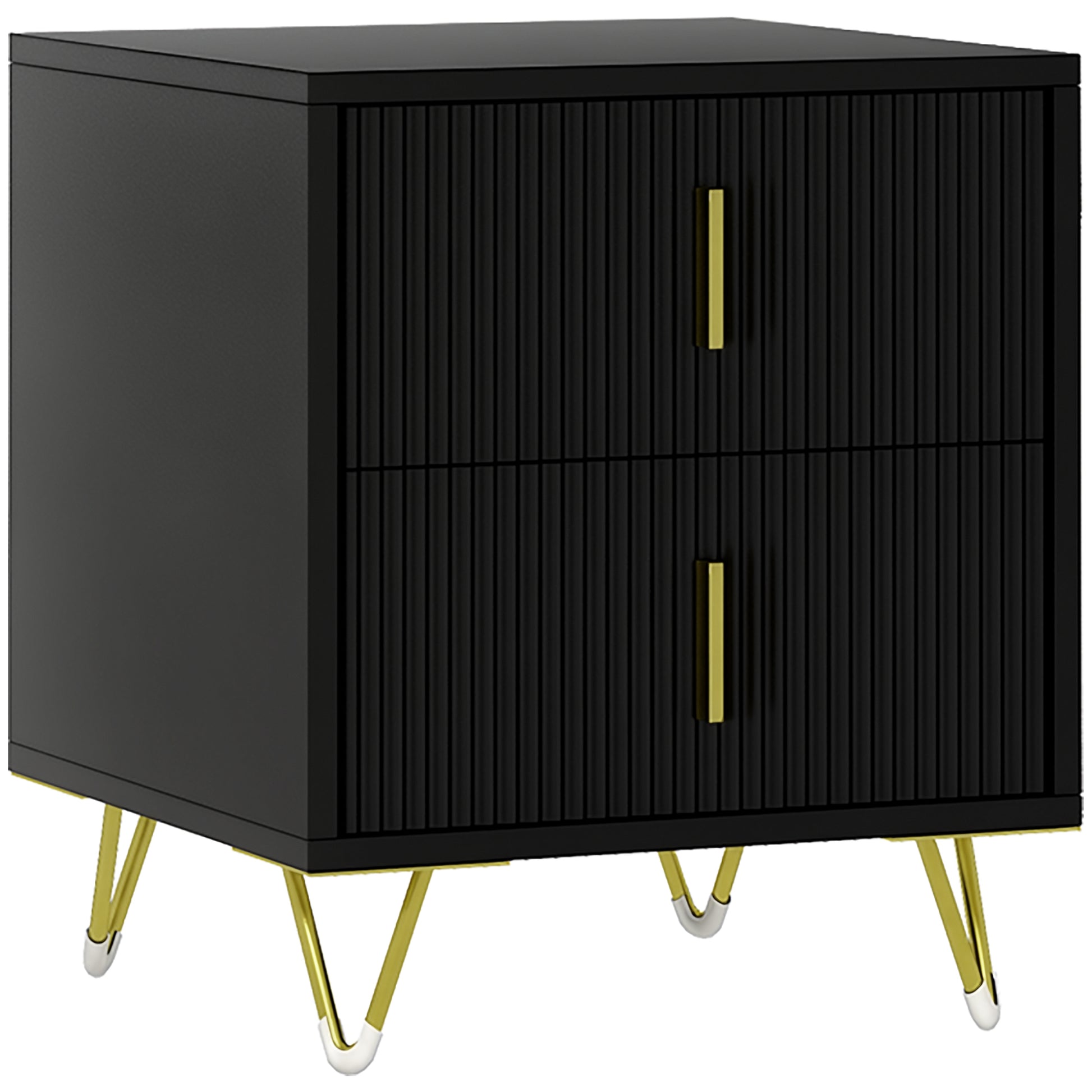 HOMCOM Modern Black 2-Drawer Bedside Nightstand, Fluted Fronts, Golden Metal Legs