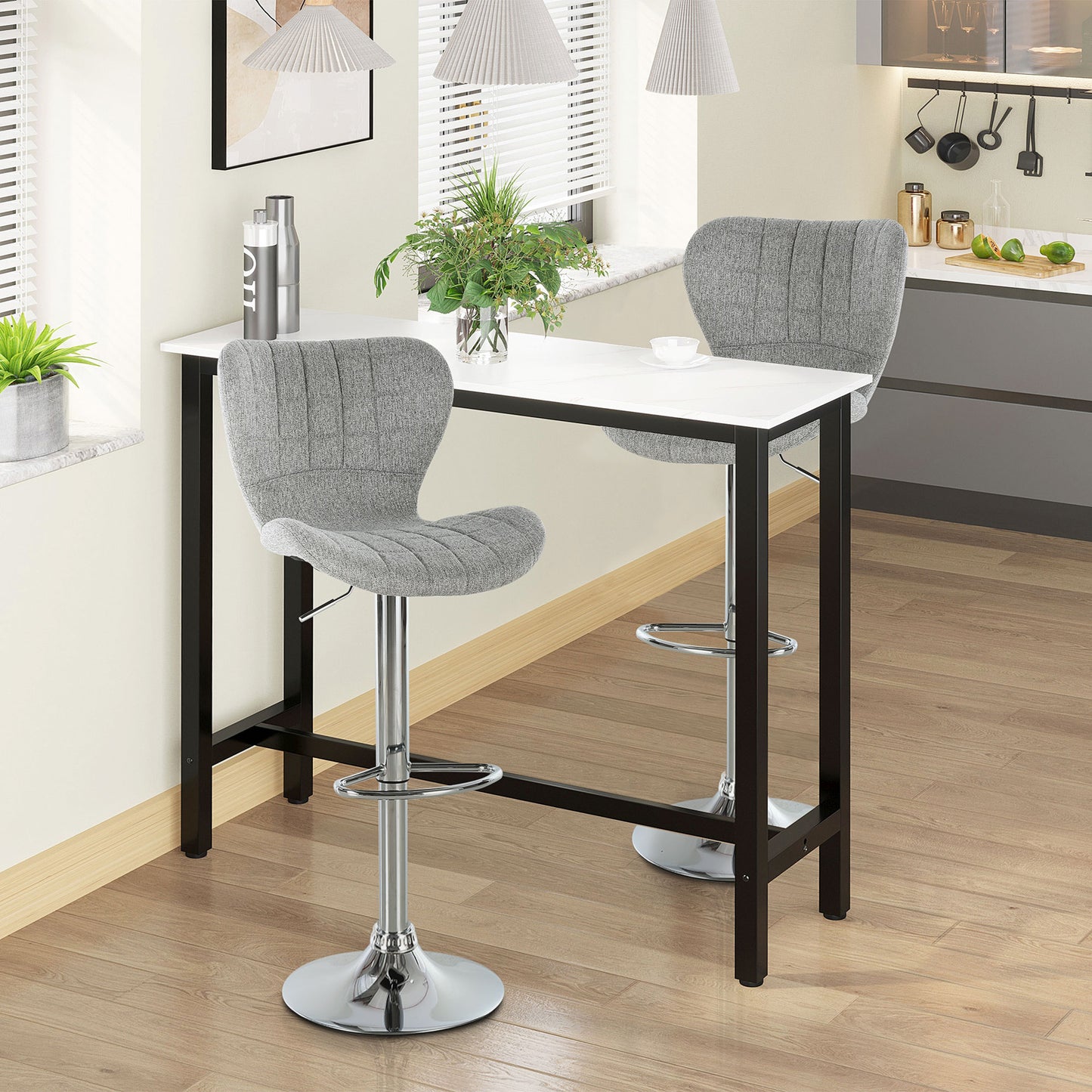 HOMCOM Two Grey Linen Adjustable Swivel Bar Stools with Footrest