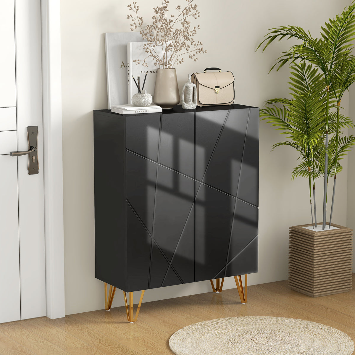 Narrow High Gloss Shoe Cabinet with Soft-Close Doors – 28"W x 37"H