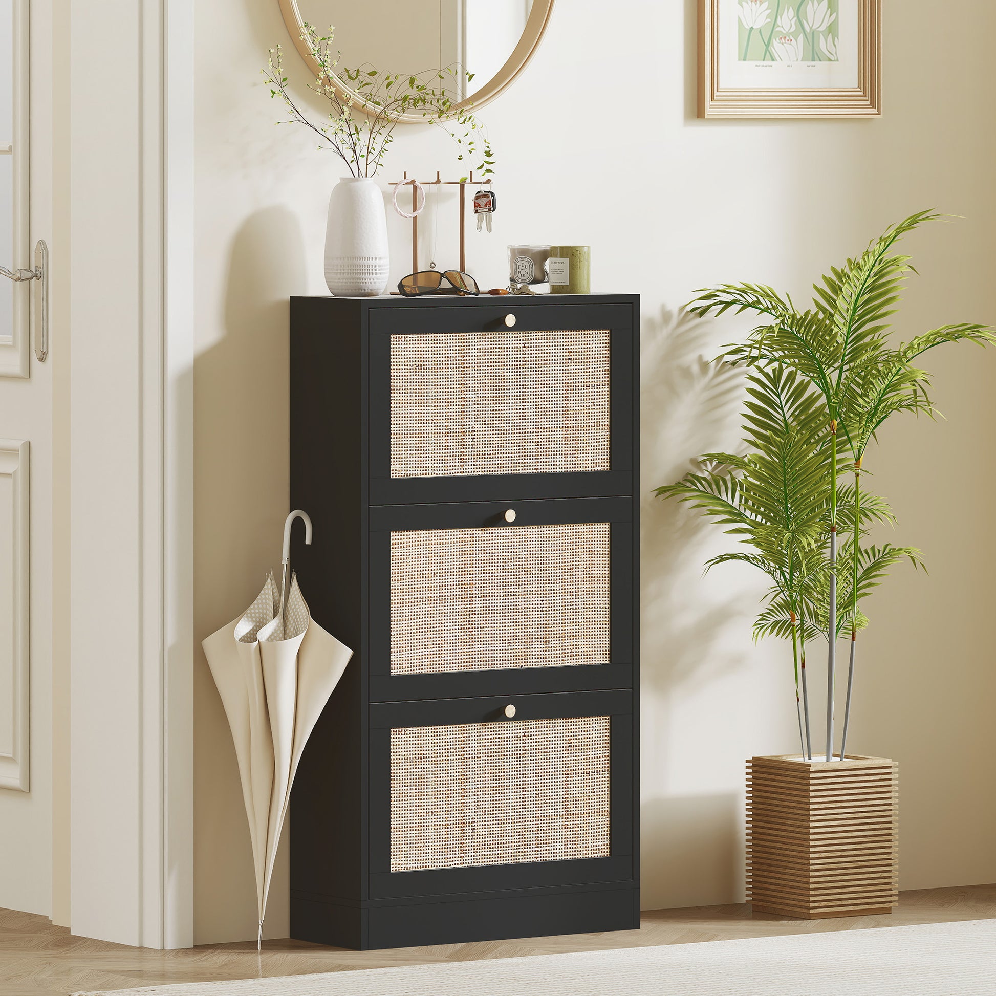 Elegant Rattan Entryway Shoe Cabinet with 3 Flip-Down Drawers, Adjustable Shelves, Organizes 18 Pairs