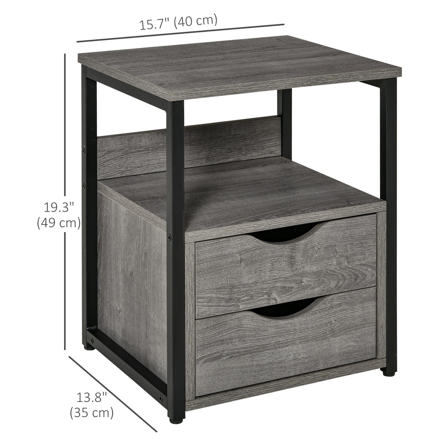 HOMCOM Industrial Grey Nightstand Side Table, 2 Drawers, Open Storage Shelf, Metal Frame