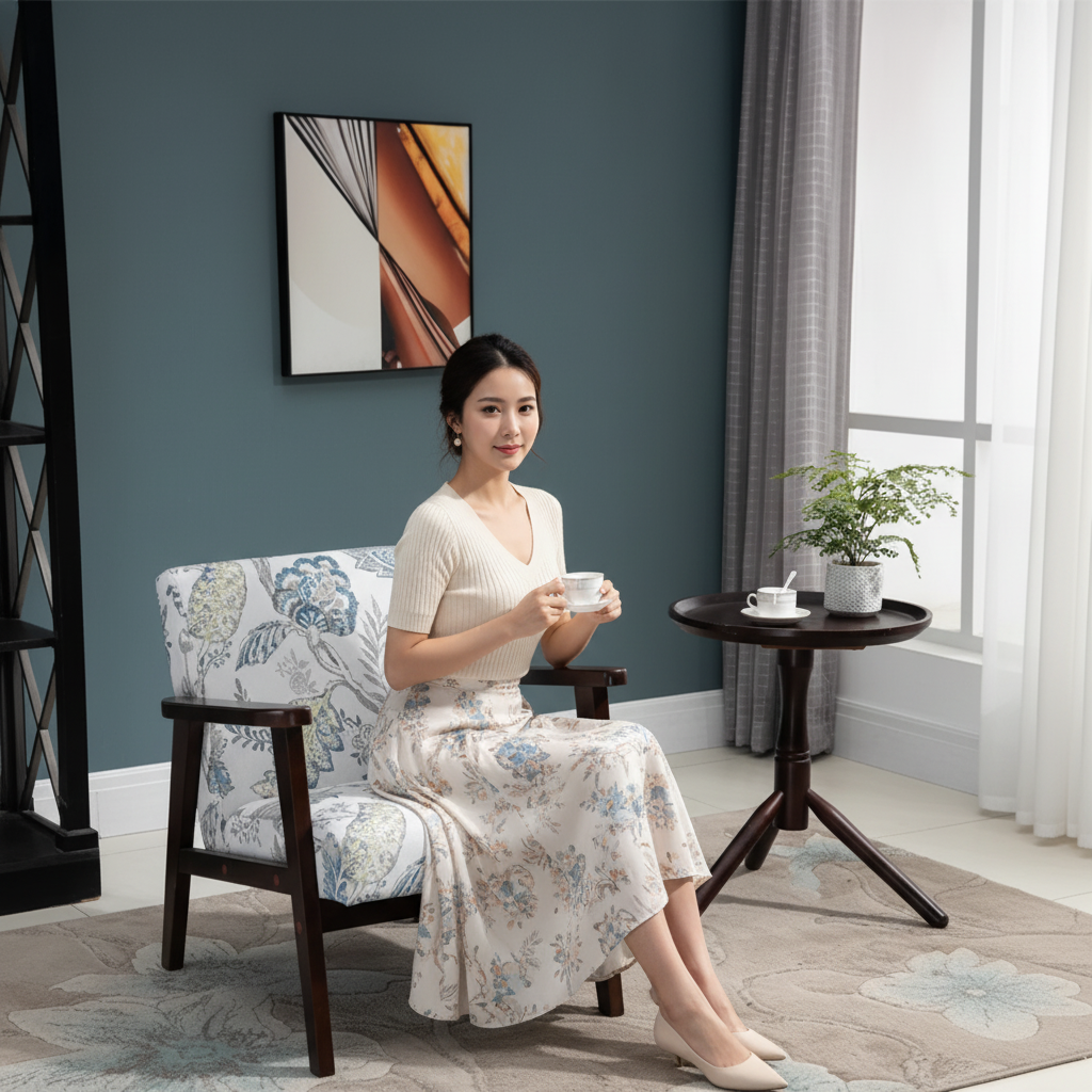 HOMCOM Mid-Century Modern Accent Lounge Chair, Floral Fabric Upholstered, Rubberwood Legs