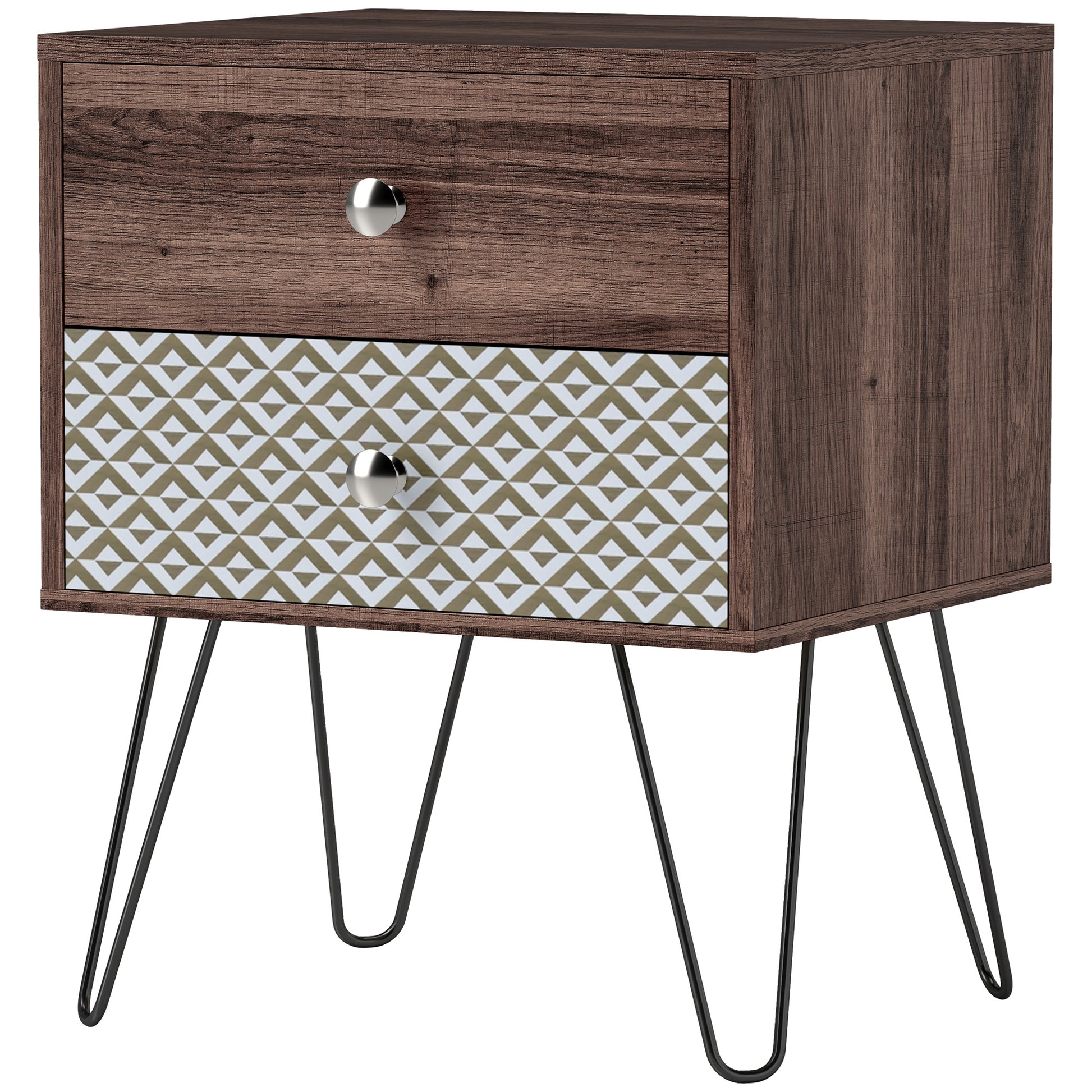 HOMCOM Boho Wood-Effect Nightstand with Two Drawers and Hairpin Legs