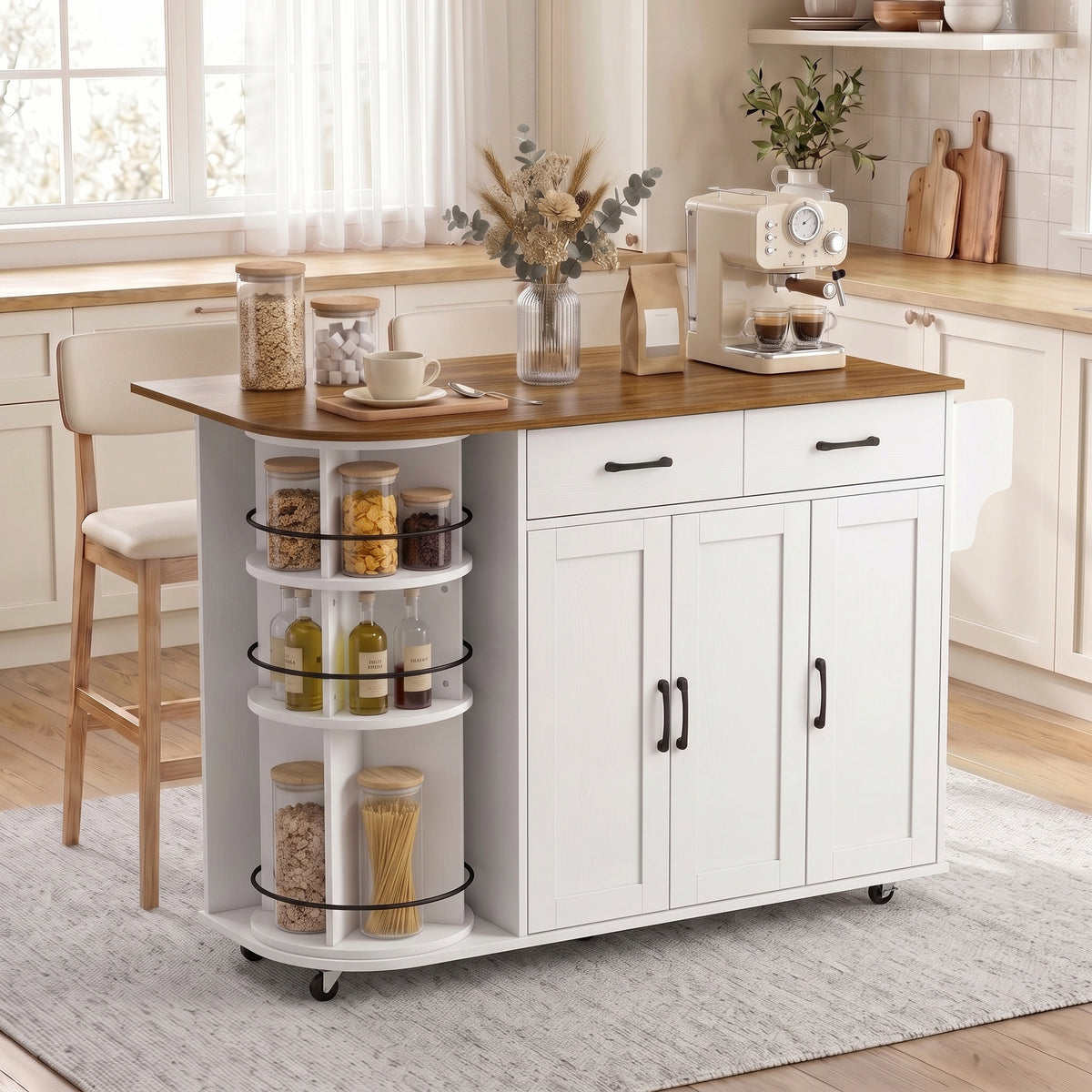 Kitchen Island with Power Outlet and Drop Leaf – 53"W x 35"H