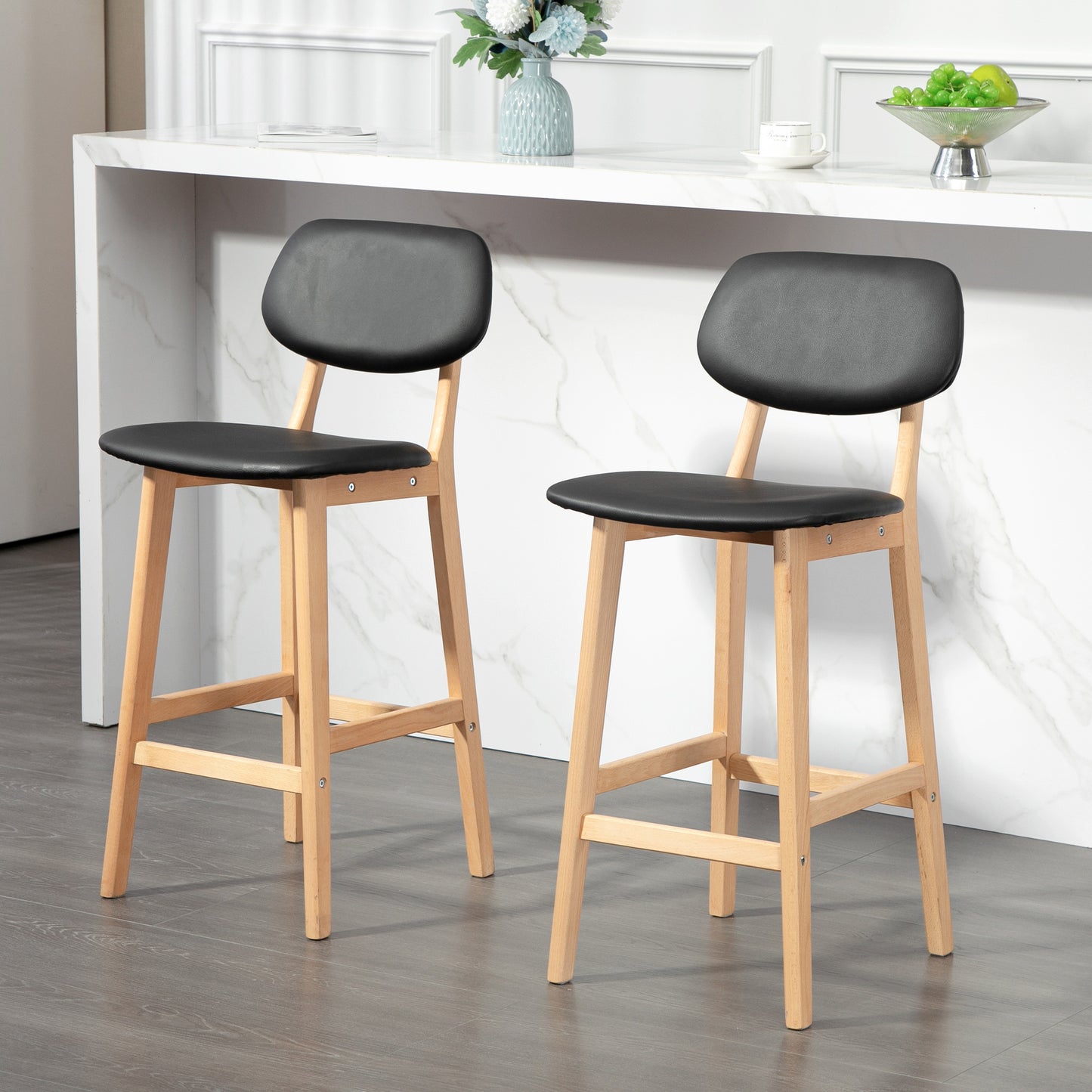 HOMCOM Set of 2 Black PU Leather Counter Height Bar Stools Solid Wood