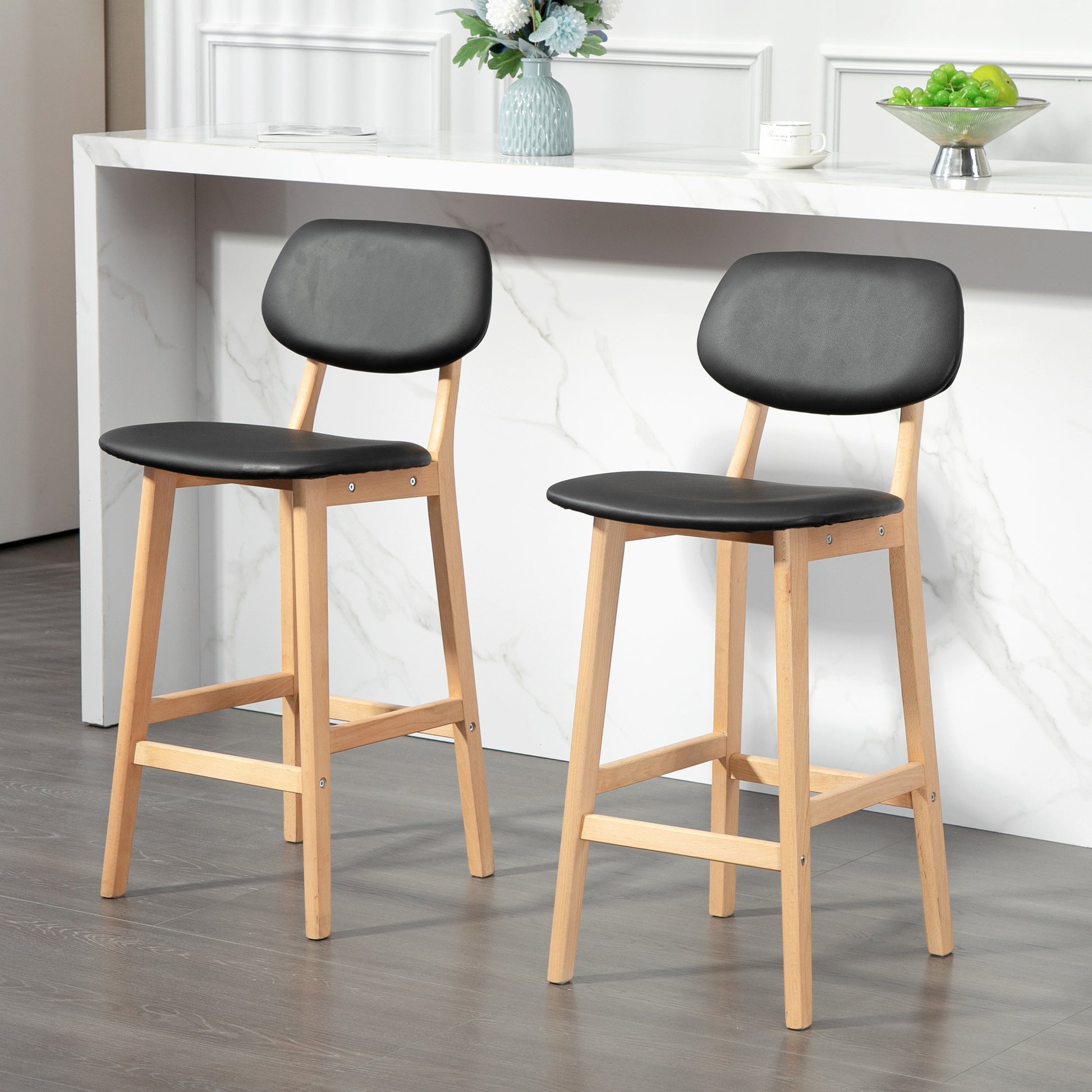 HOMCOM Set of 2 Black PU Leather Counter Height Bar Stools Solid Wood