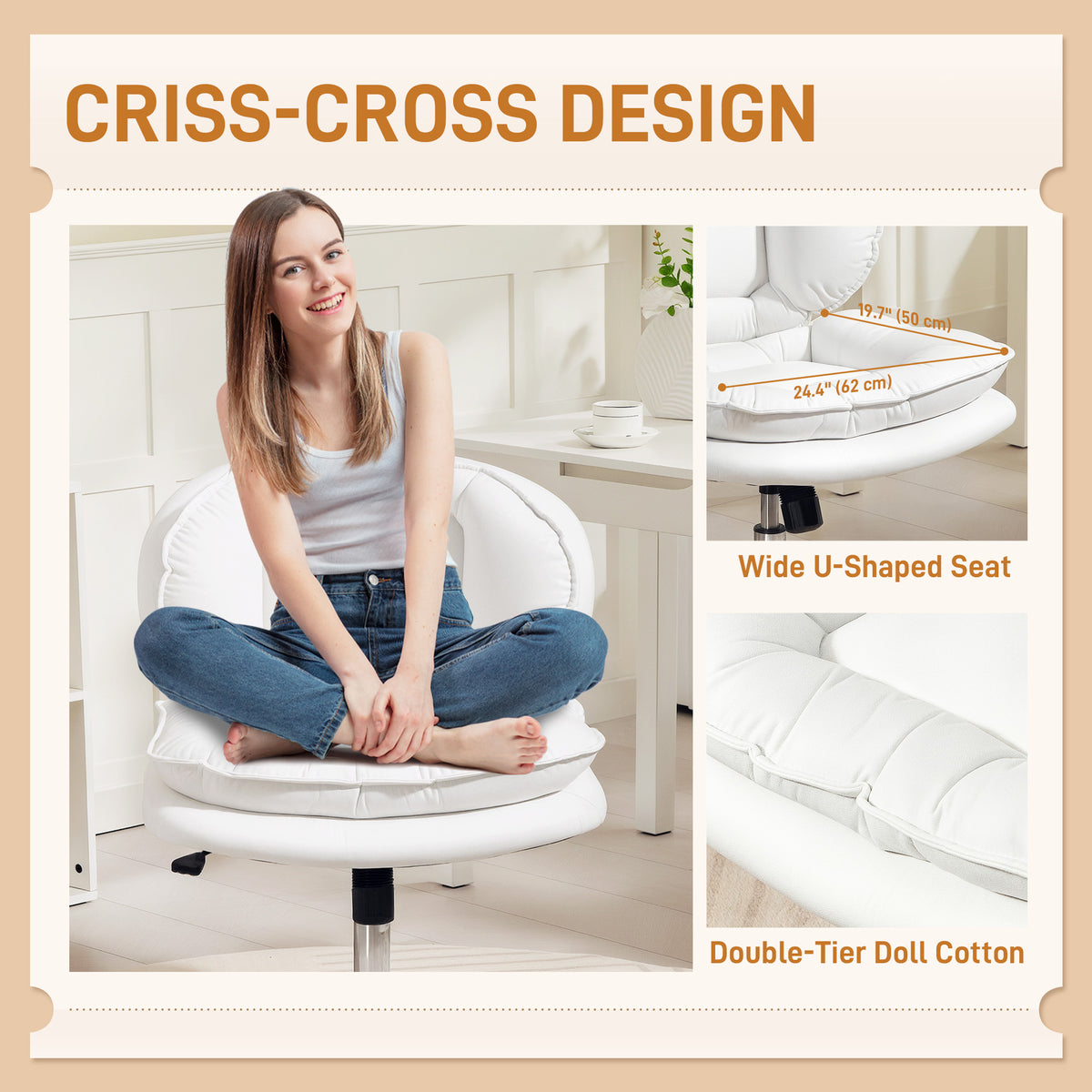 Criss Cross Chair, Armless Wide Office Chair with Leathaire Upholstery, Tilting, White