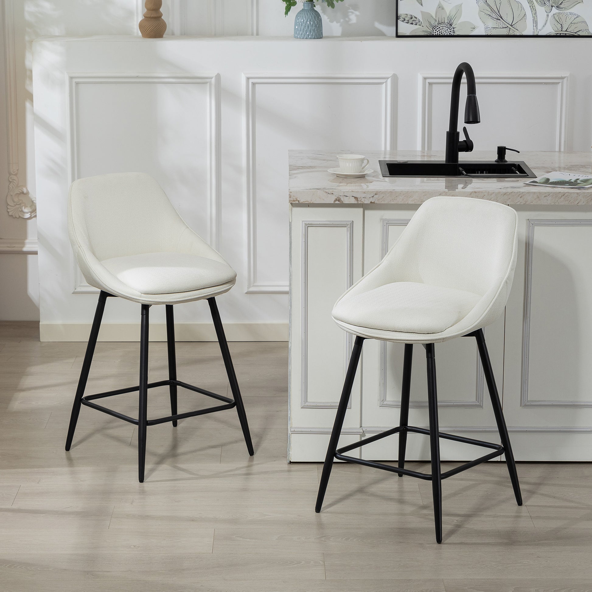 HOMCOM 26" Cream Upholstered Swivel Counter Bar Stools with Backrests