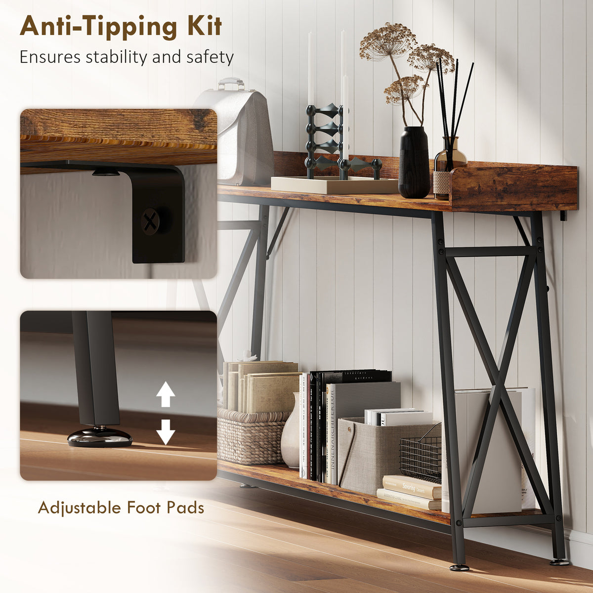 71" Extra Long Industrial Console Table with Shelf & Guardrails