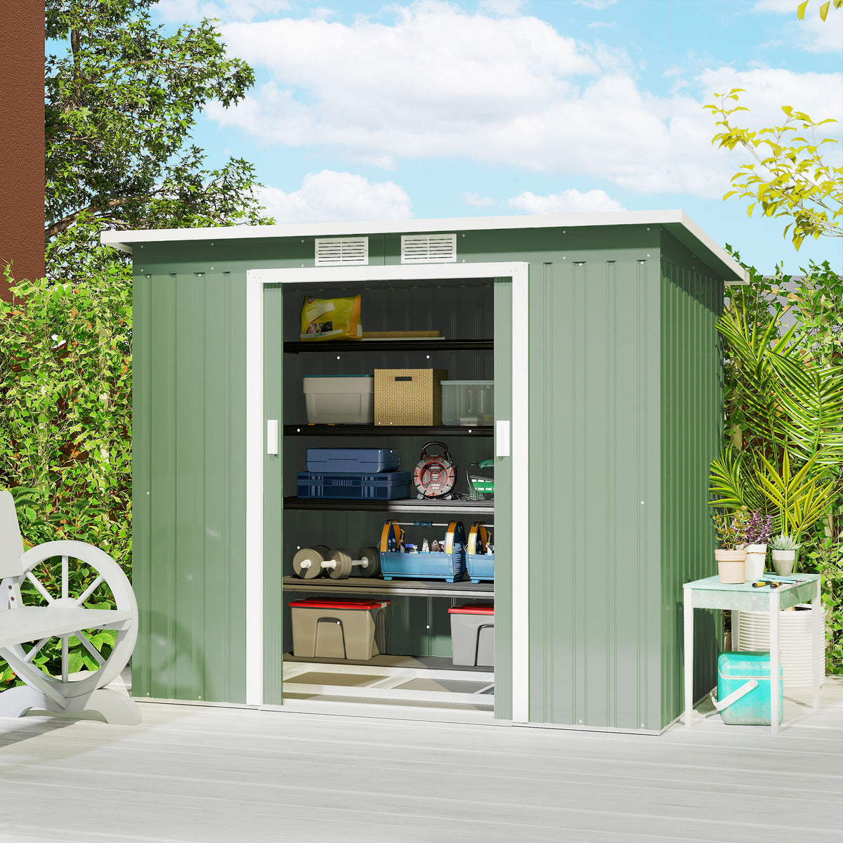 7 x 4ft Galvanised Steel Garden Shed, with Foundation Kit - – Green