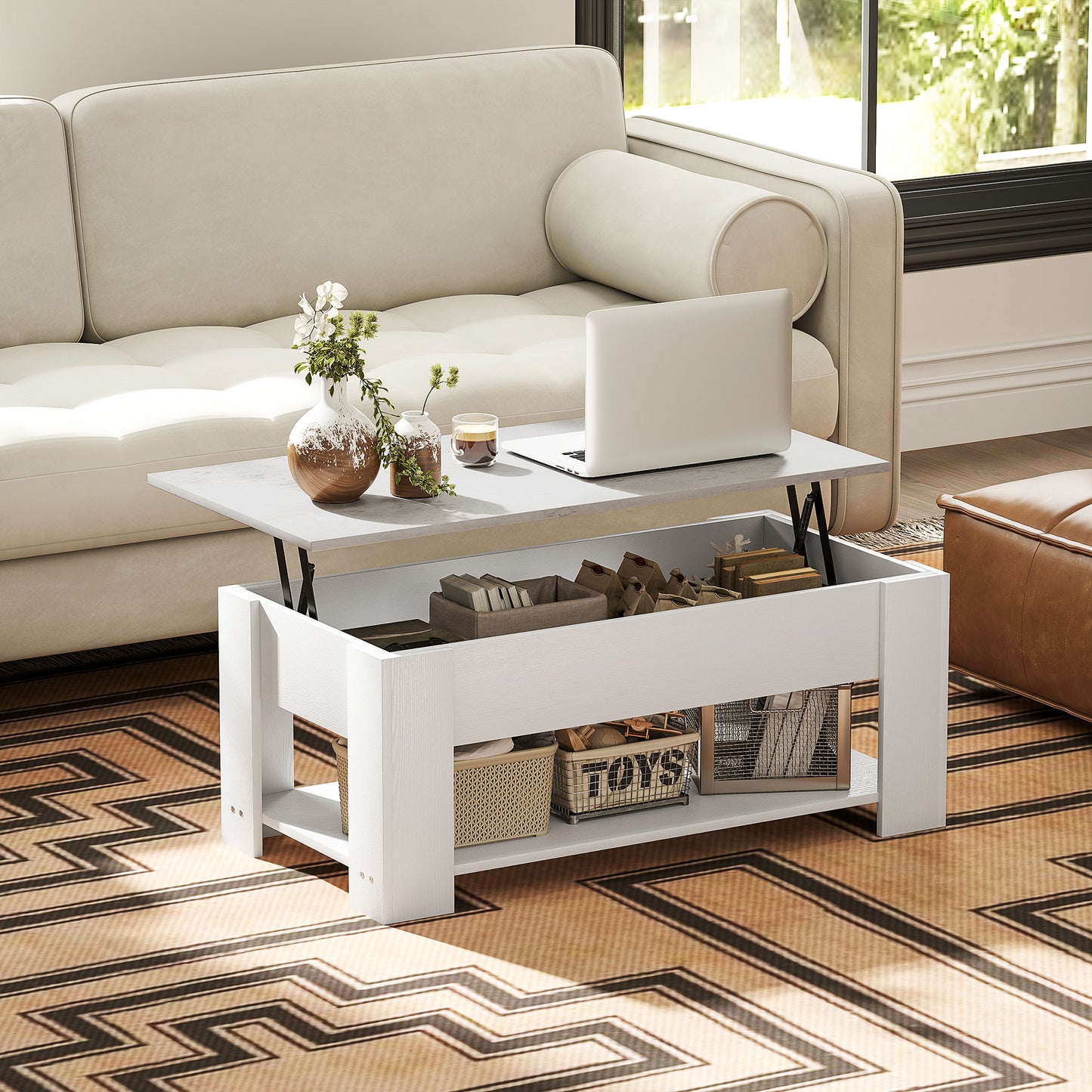 Modern White Lift Top Coffee Table with Hidden Storage and Open Shelf