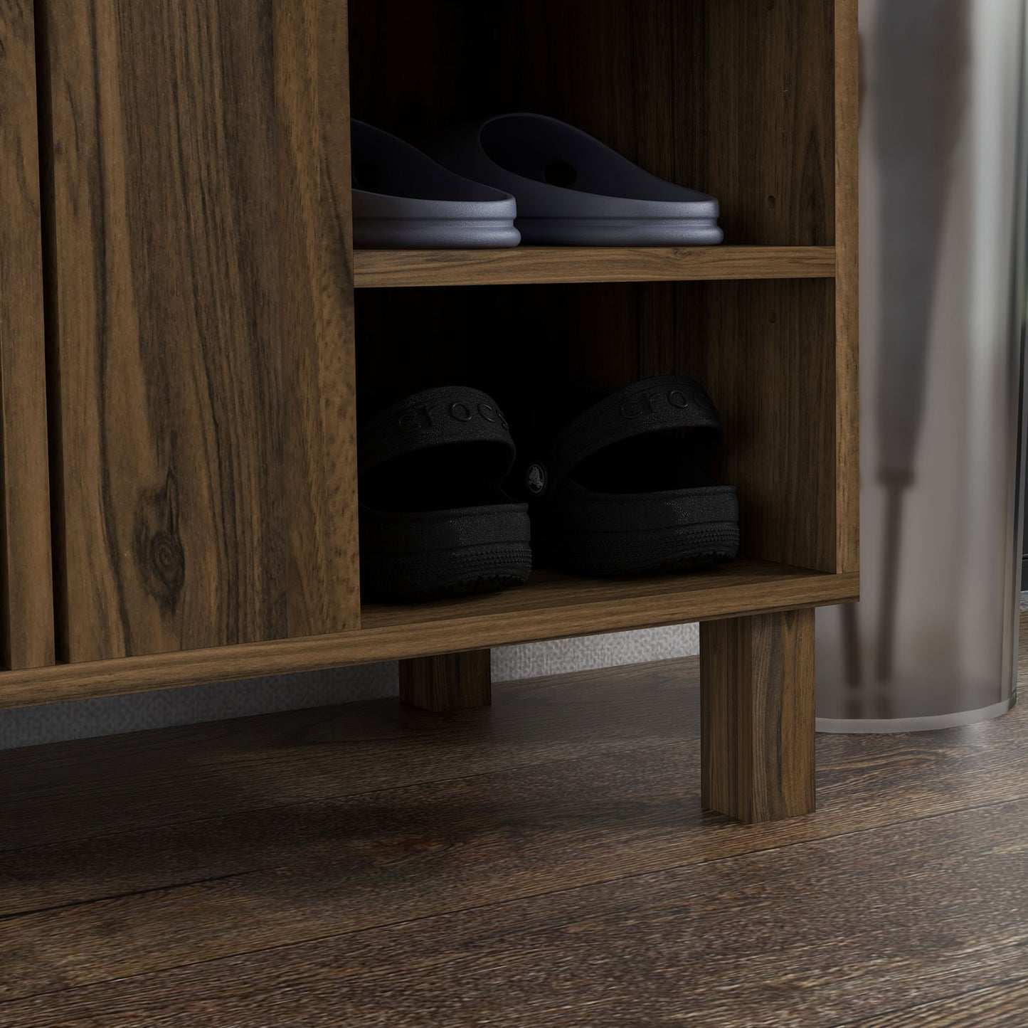 HOMCOM Walnut Shoe Storage Organizer with Double Doors and Open Shelves