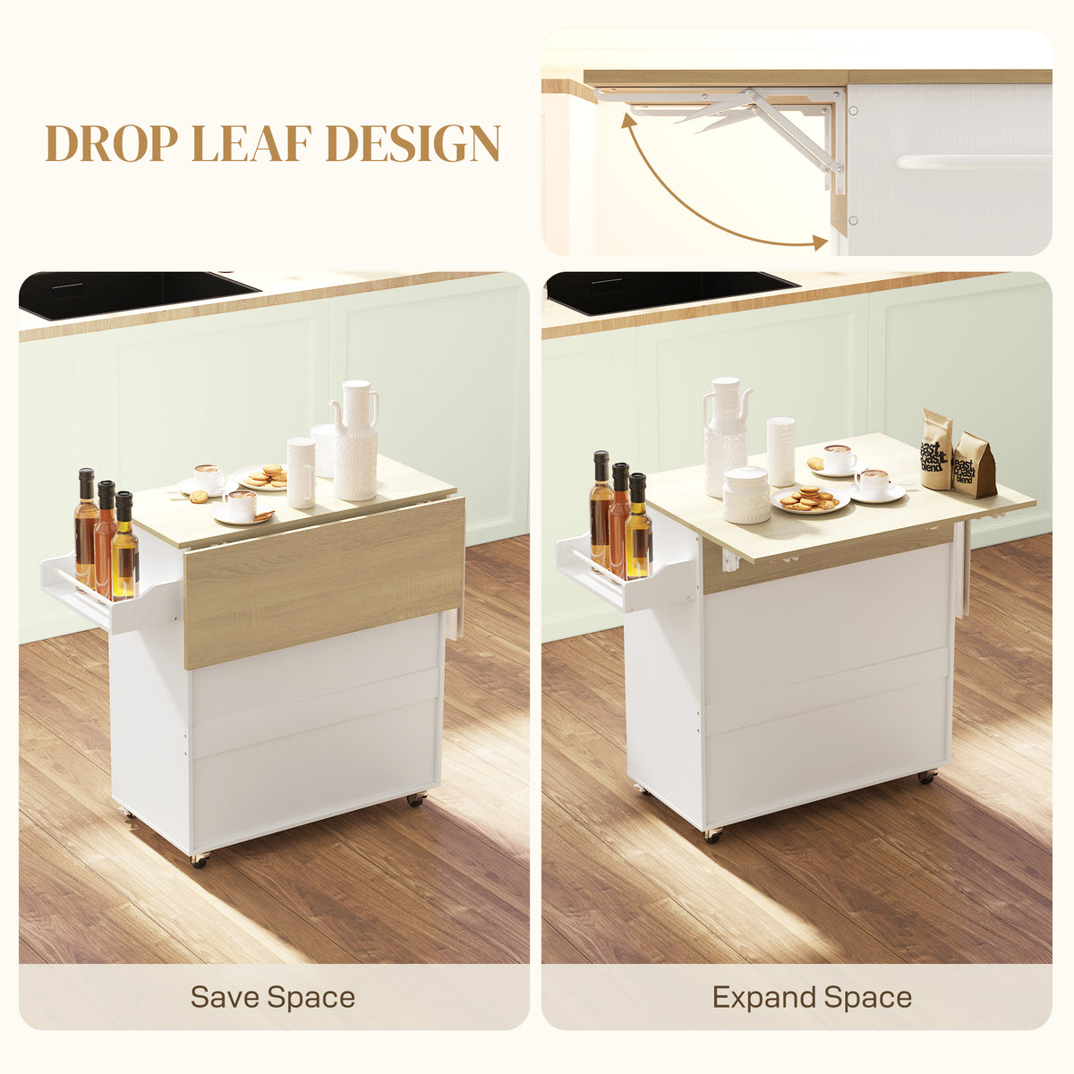 Rolling Kitchen Island with Drop Leaf – 42"W x 34"H