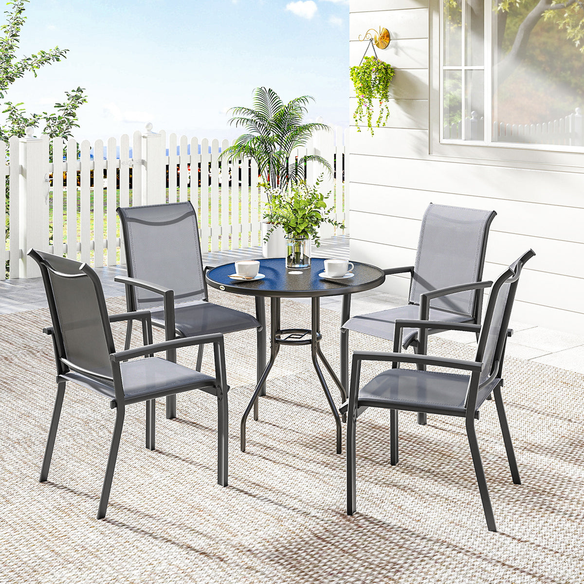Stackable Patio Chairs Set of 4, Outdoor Dining Chairs with All Weather Breathable Mesh and Armrests
