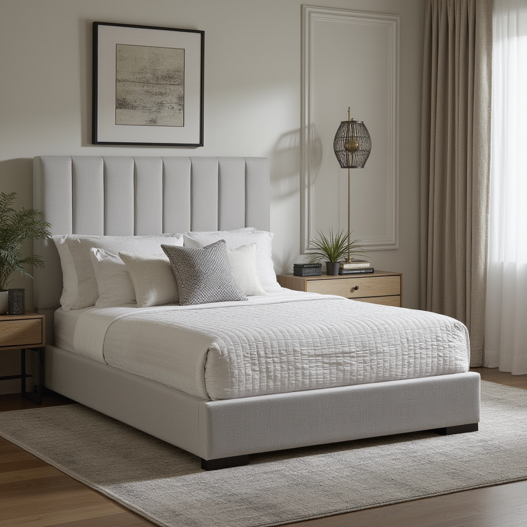 Channel-Tufted Upholstered Bed – Grey Linen