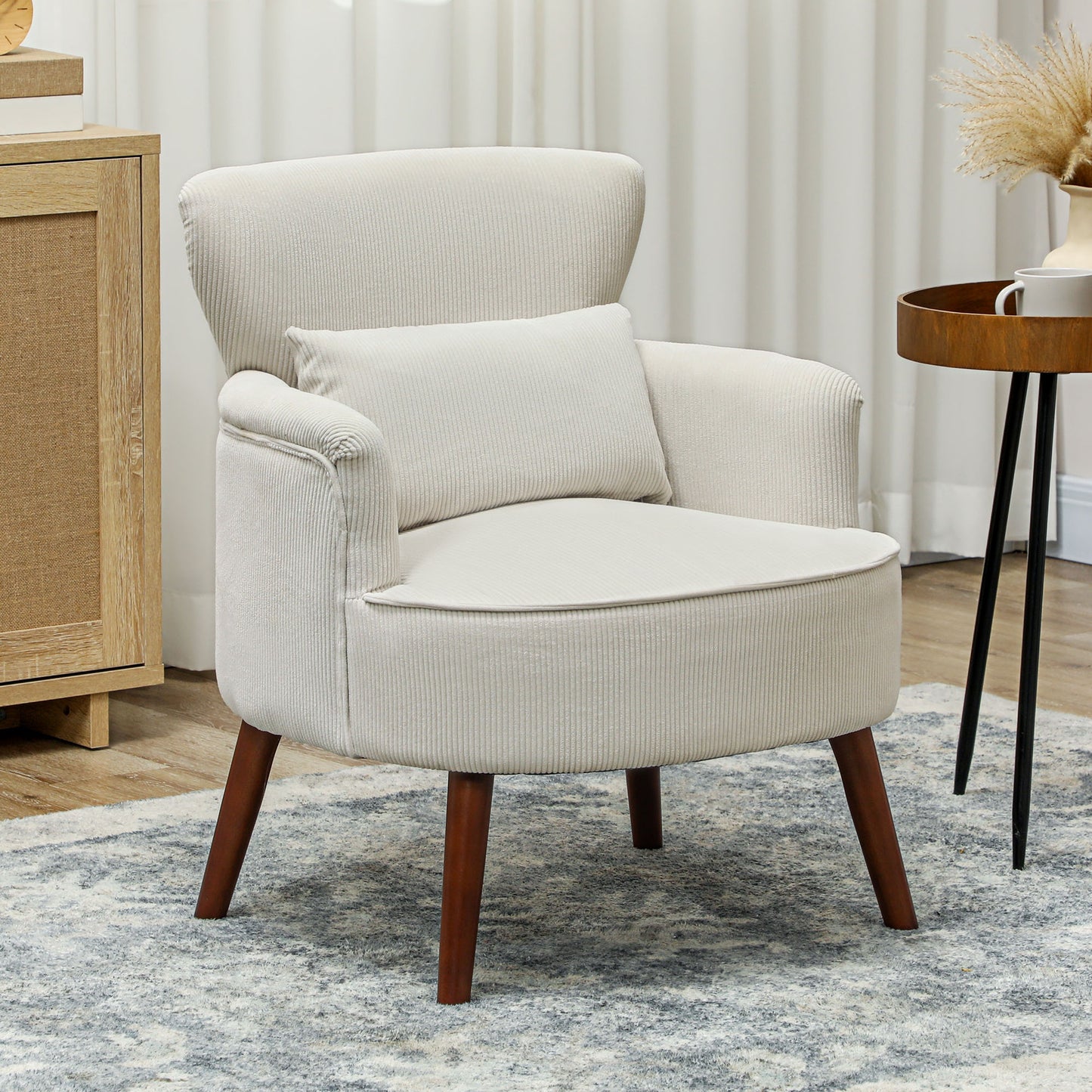 Modern Accent Chair, Upholstered Armchair with Solid Wood Legs and Lumbar Pillow for Living Room, Cream White