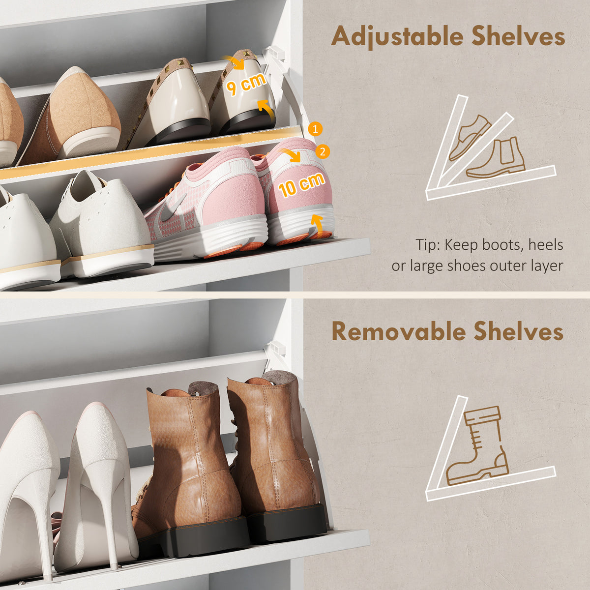 Slim Shoe Organizer Cabinet with 2 Flip Drawers – 24"W x 42"H