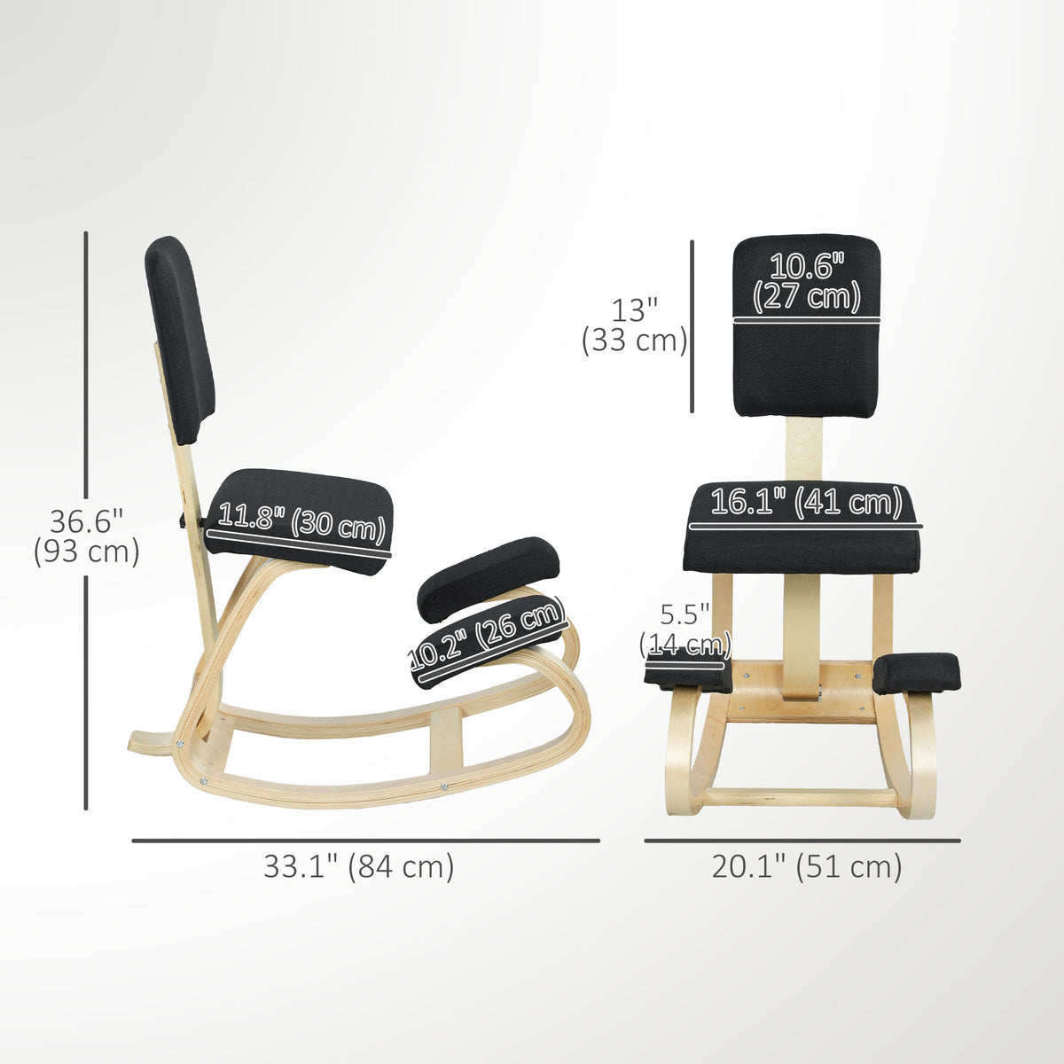 Ergonomic Kneeling Chair, Rocking Wood Kneel Stool with Backrest for Improved Posture, Black