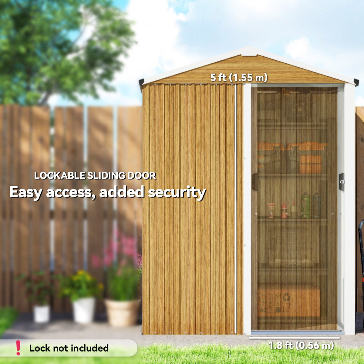 4.5 x 3ft Outdoor Storage Shed, Waterproof Metal Garden Shed with Lockable Door for Backyard, Patio, Lawn – Wood Grain