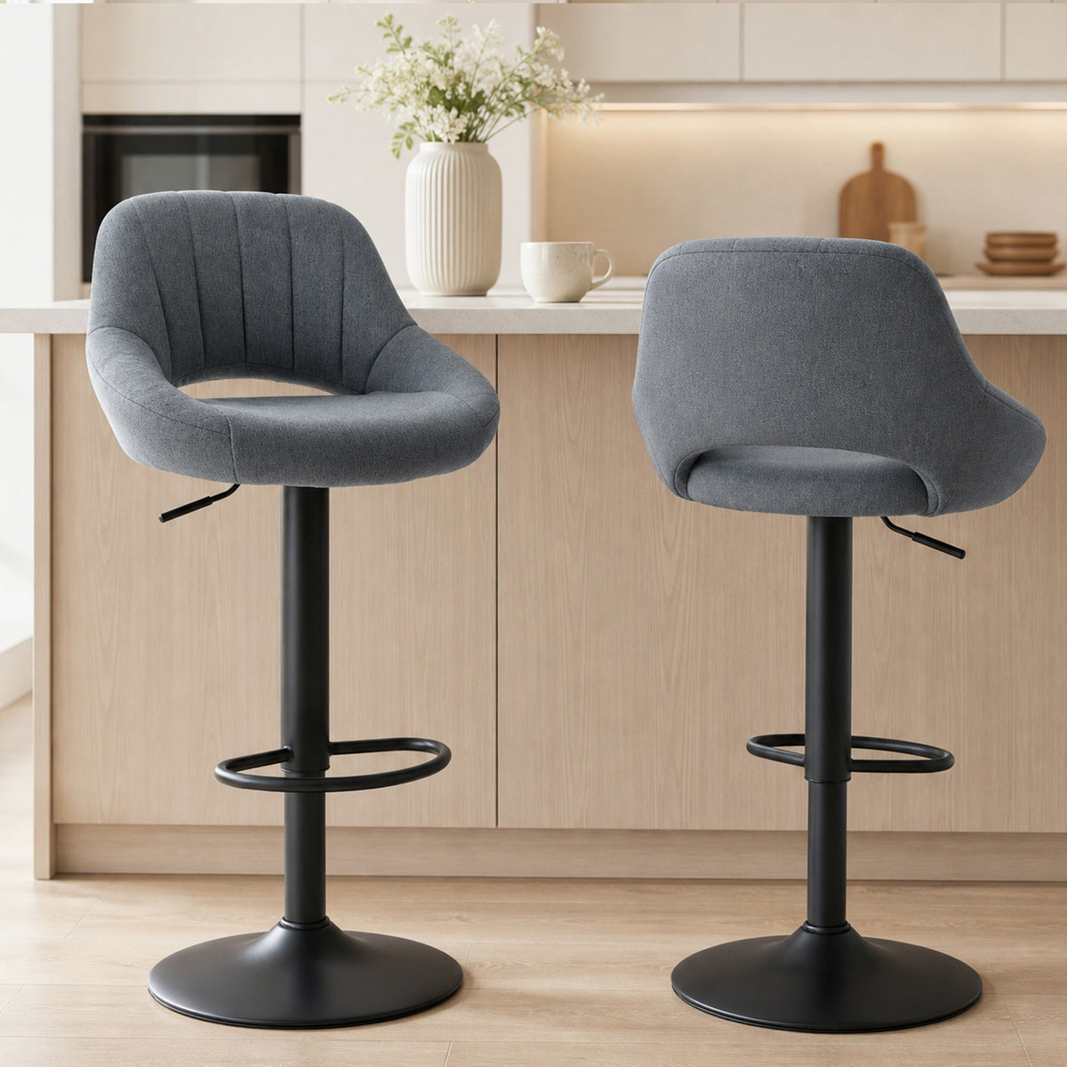 Linen Swivel Counter Stools with Round Metal Base, Set of 2