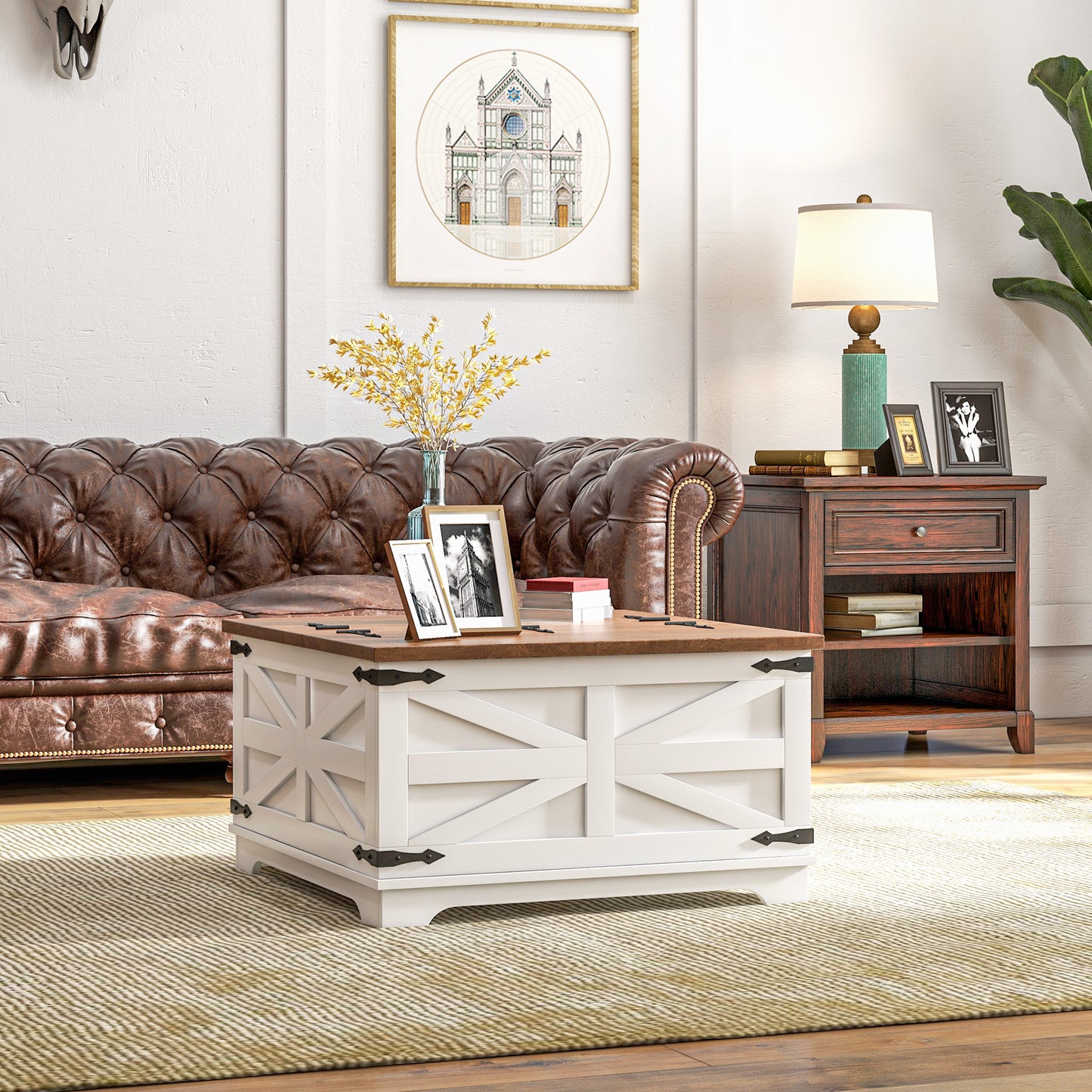 HOMCOM Farmhouse Square Coffee Table with Flip-Top Lids, Hidden Storage, White