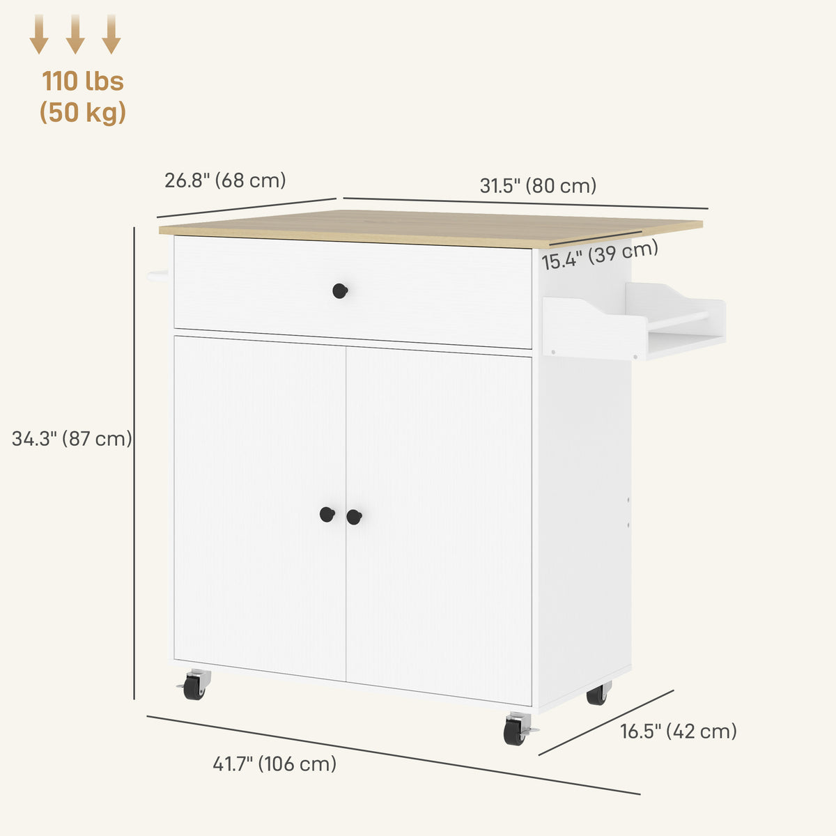 Rolling Kitchen Island with Drop Leaf – 42"W x 34"H