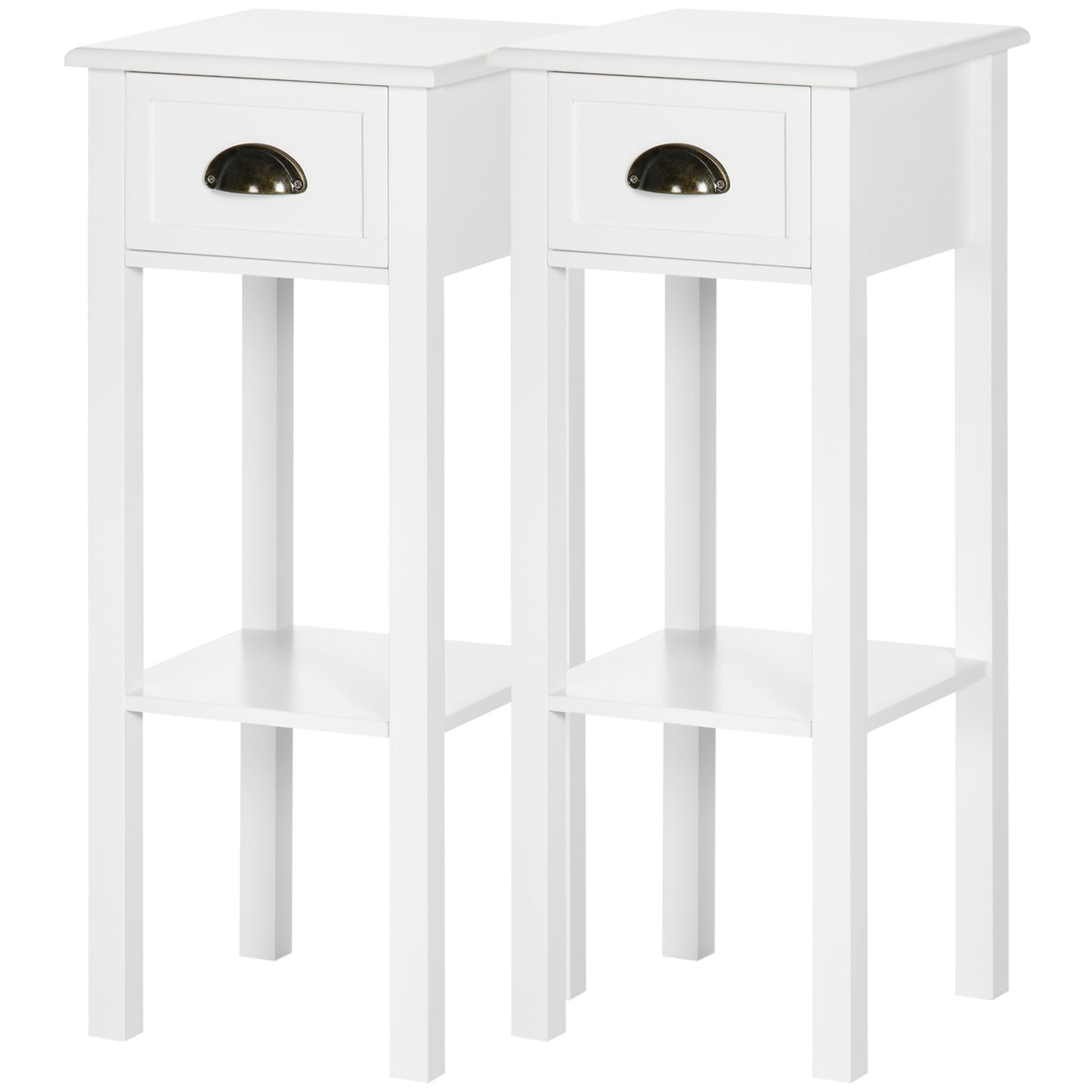HOMCOM 2-Tier Narrow Tall End Table Set with Drawer & Shelf, White Nightstand