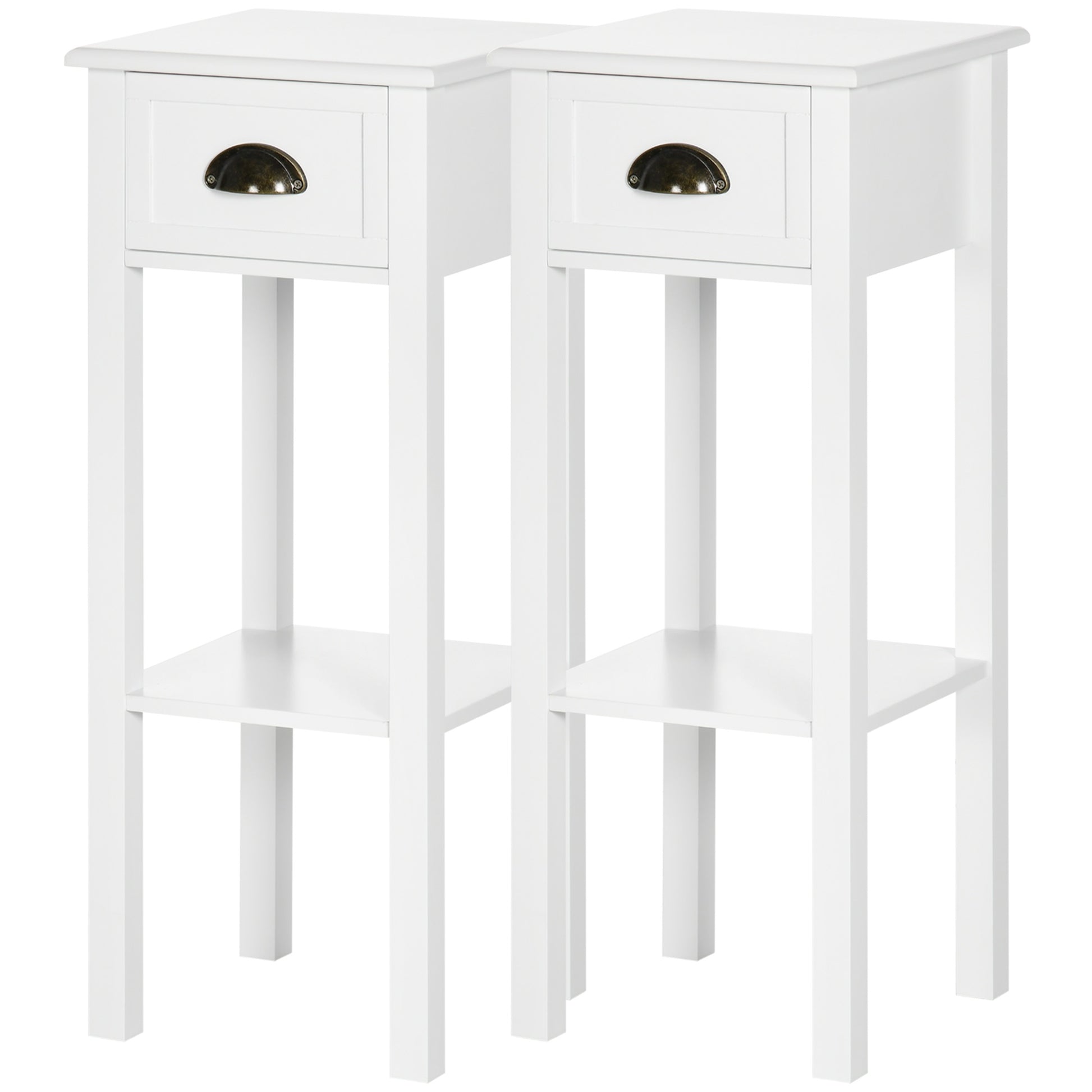 HOMCOM 2-Tier Narrow Tall End Table Set with Drawer & Shelf, White Nightstand