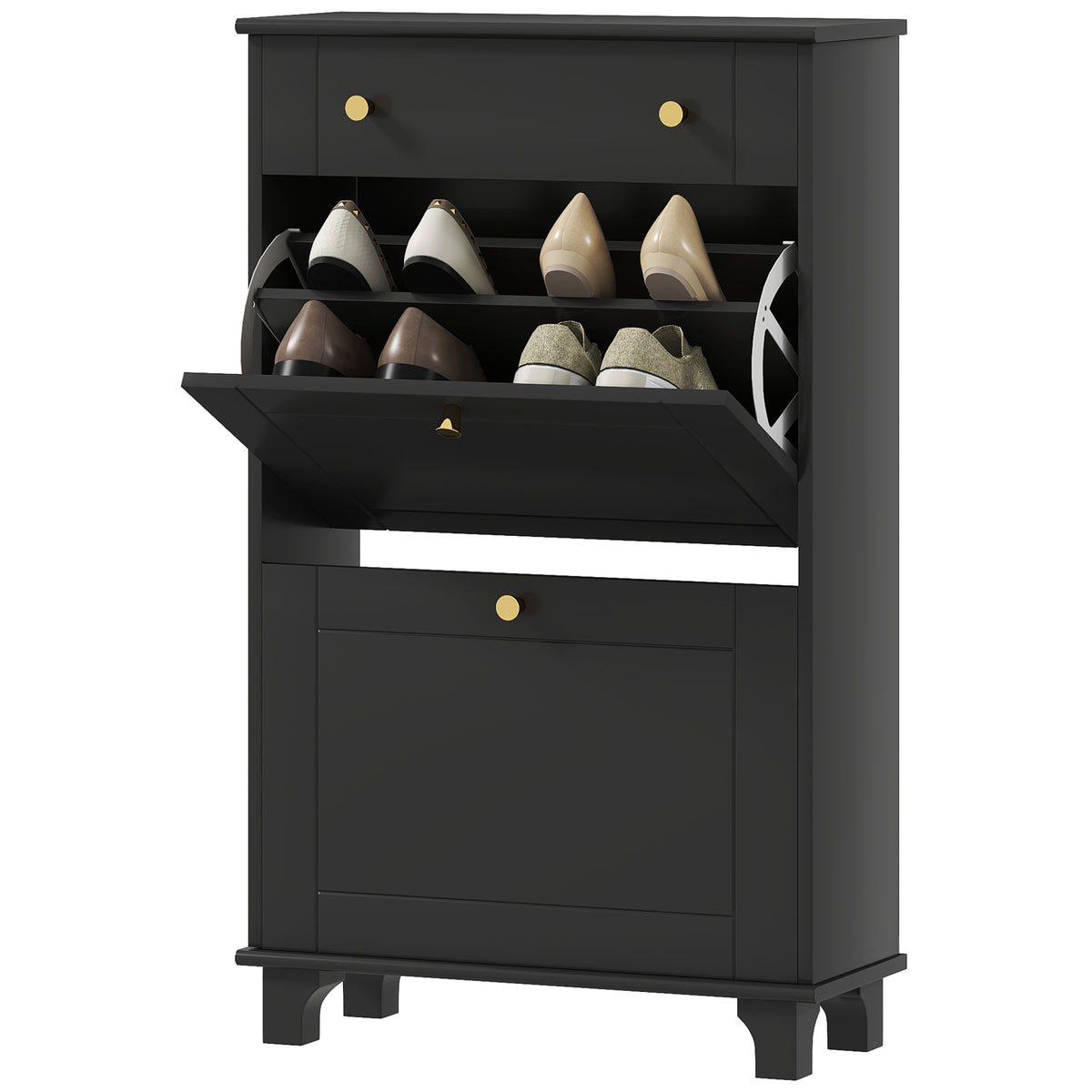 Slim Shoe Storage with 2 Flip Drawers and Adjustable Shelves – 24"W x 39"H