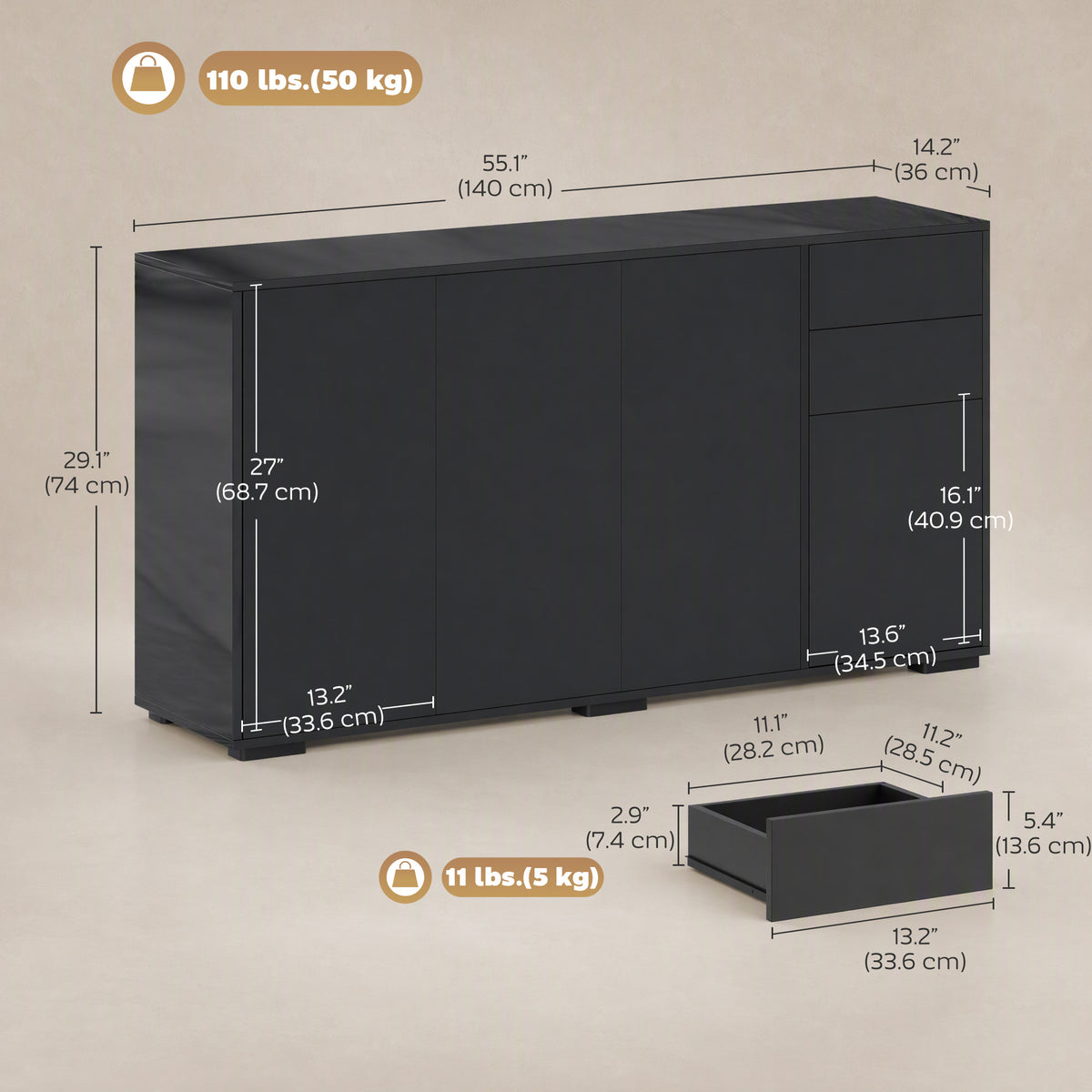 Modern Coffee Bar Cabinet with Push-Open Design and 2 Drawers – 55"W x 29"H