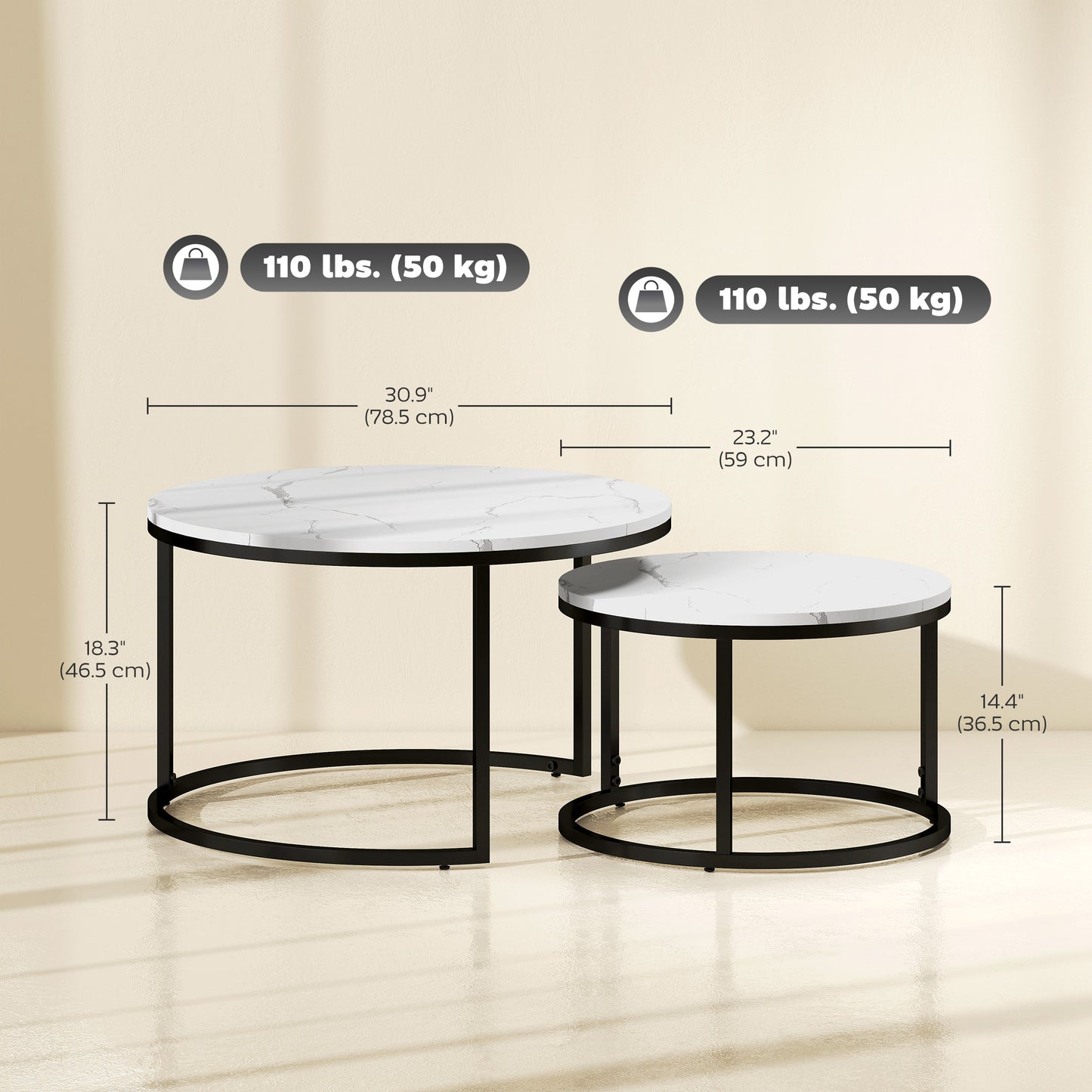 HOMCOM Modern Round Nesting Coffee Tables Set, White Faux Marble Top