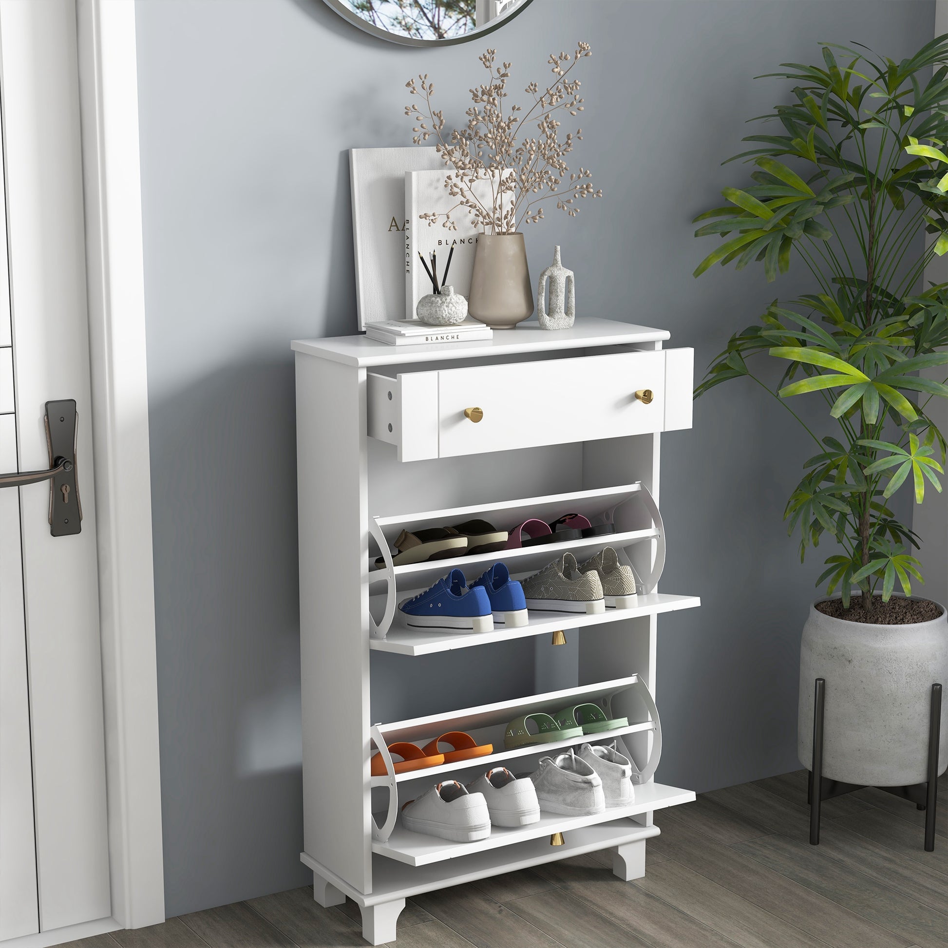HOMCOM Slim White Shoe Cabinet: Dual Flip Drawers, Adjustable Shelves