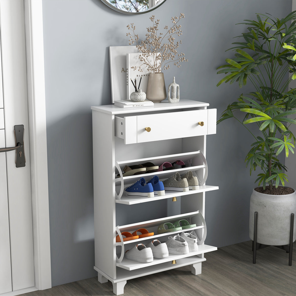 Slim Shoe Storage with 2 Flip Drawers and Adjustable Shelves – 24"W x 39"H