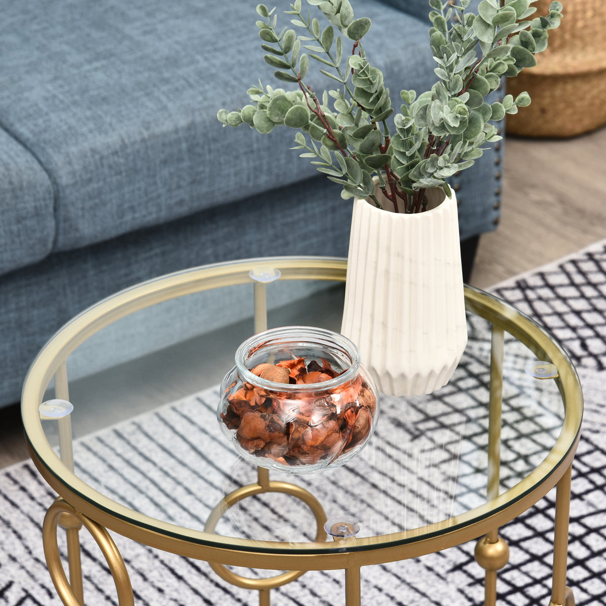 Gold Round Nesting Coffee Tables, Set of 2, Tempered Glass Top