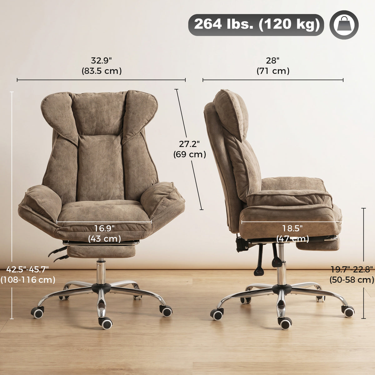 Big and Tall Office Chair with Footrest, High Back Snowflake Velvet Reclining Executive Desk Chair, Brown