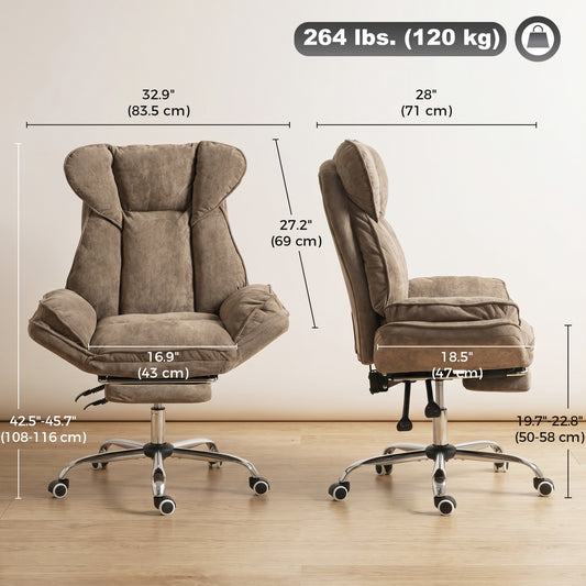 Big and Tall Office Chair with Footrest, High Back Snowflake Velvet Reclining Executive Desk Chair, Brown