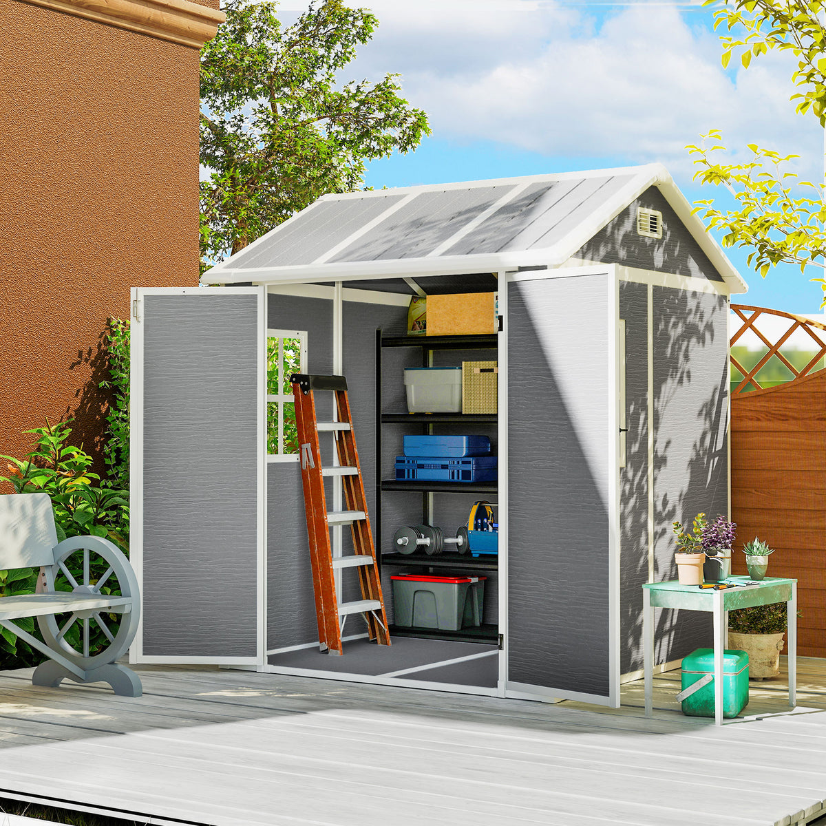 6' x 6' Resin Outdoor Storage Shed with Floor, Window, Lockable Doors and Vents for Backyard Patio Lawn