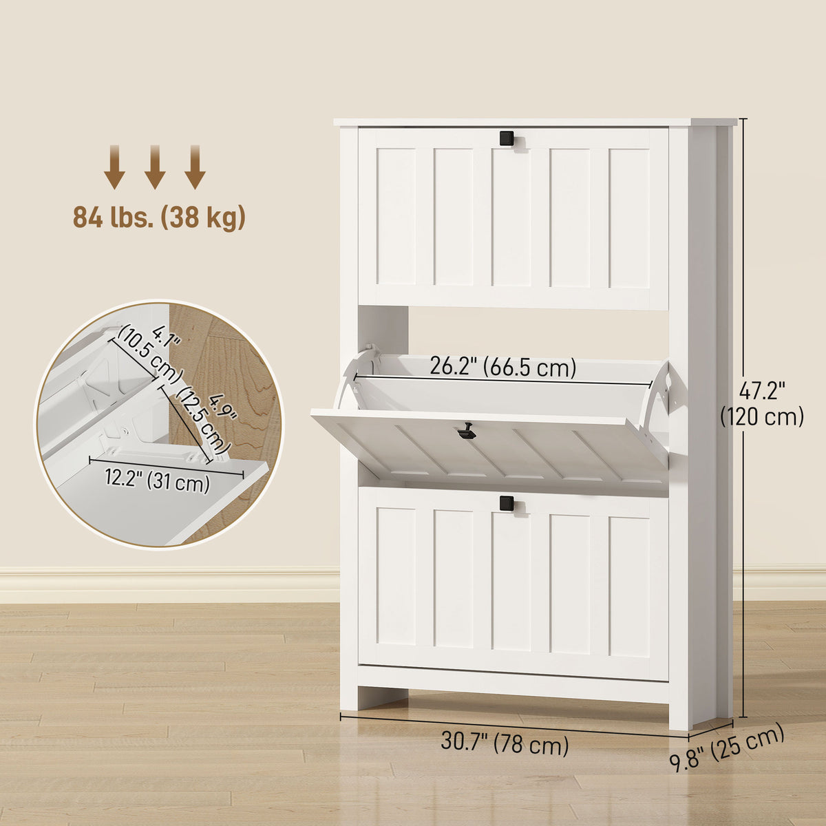 Slim Shoe Cabinet with 3 Flip Drawers – 31"W x 47"H