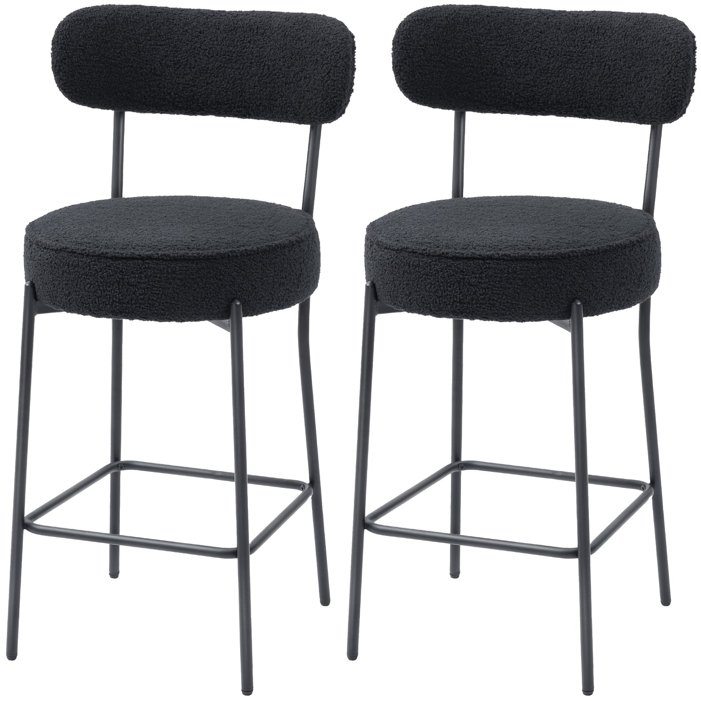 HOMCOM Set of 2 Modern Black Sherpa Bar Stools - Backrest, Footrest, Upholstered Comfort