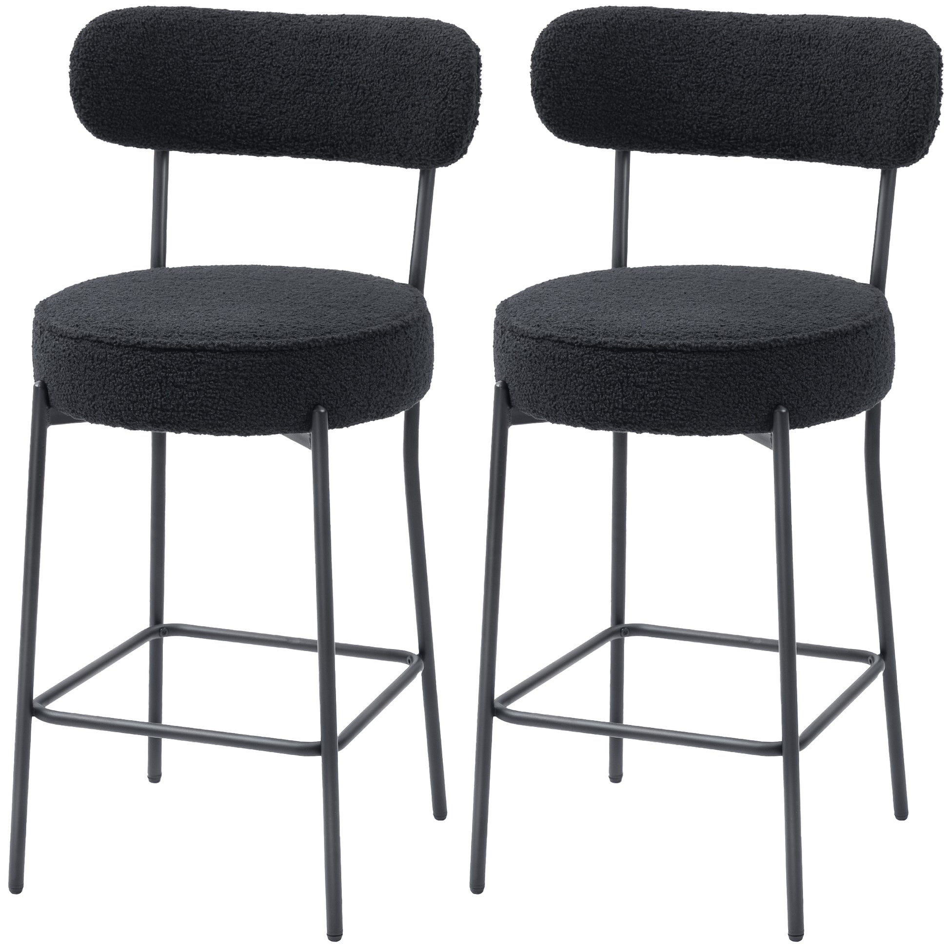 HOMCOM Set of 2 Modern Black Sherpa Bar Stools - Backrest, Footrest, Upholstered Comfort