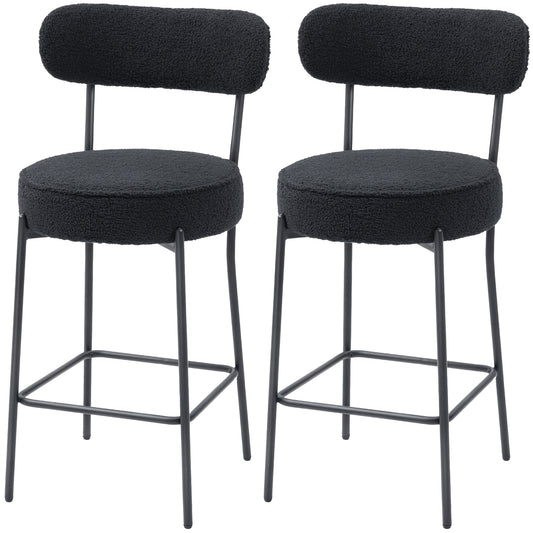 HOMCOM Set of 2 Modern Black Sherpa Bar Stools - Backrest, Footrest, Upholstered Comfort