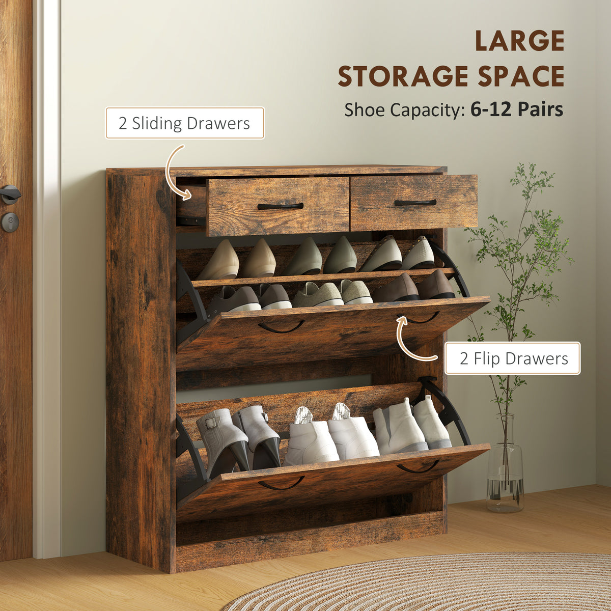 Narrow Shoe Storage with 2 Flip Drawers and Adjustable Shelves – 32"W x 36"H