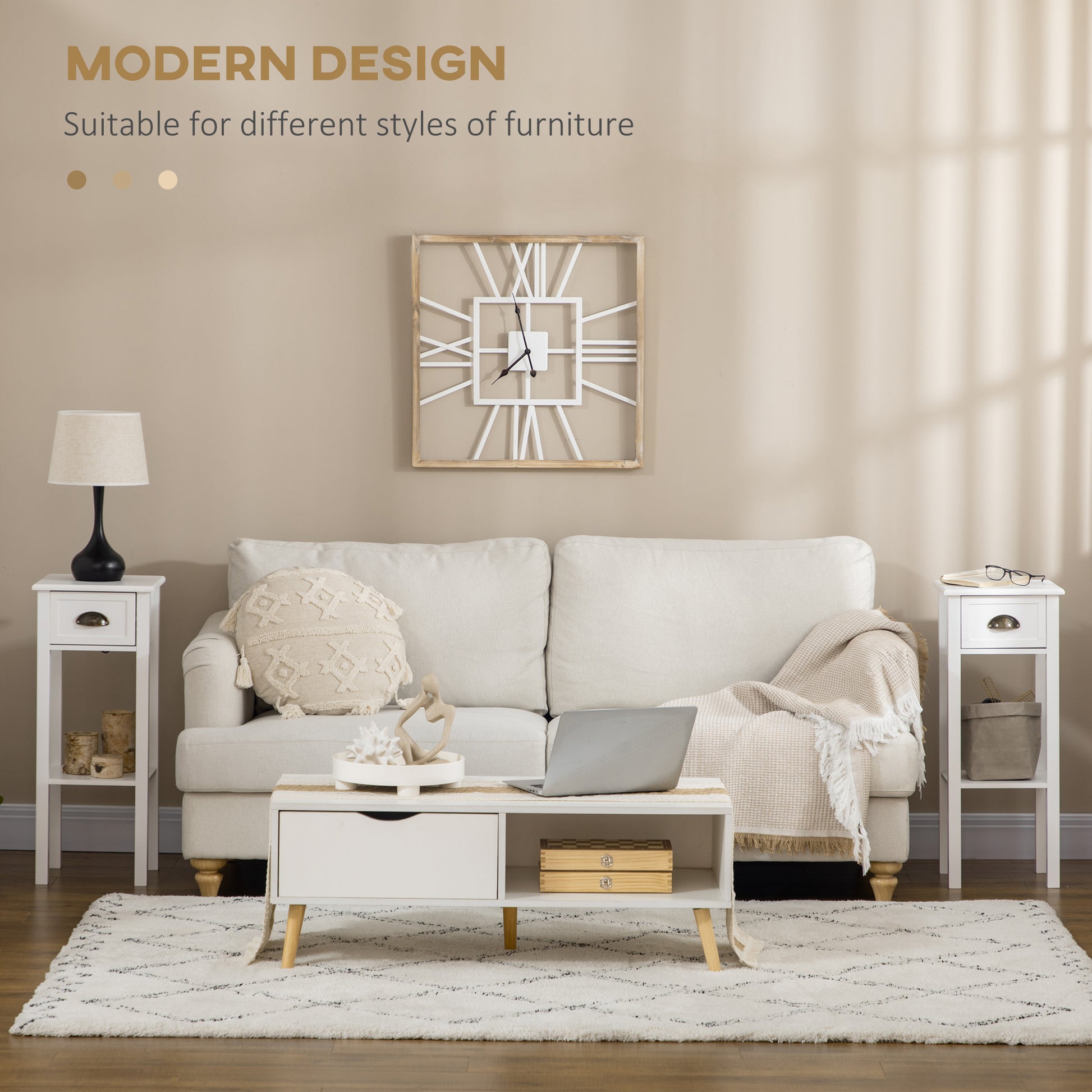 HOMCOM 2-Tier Narrow Tall End Table Set with Drawer & Shelf, White Nightstand