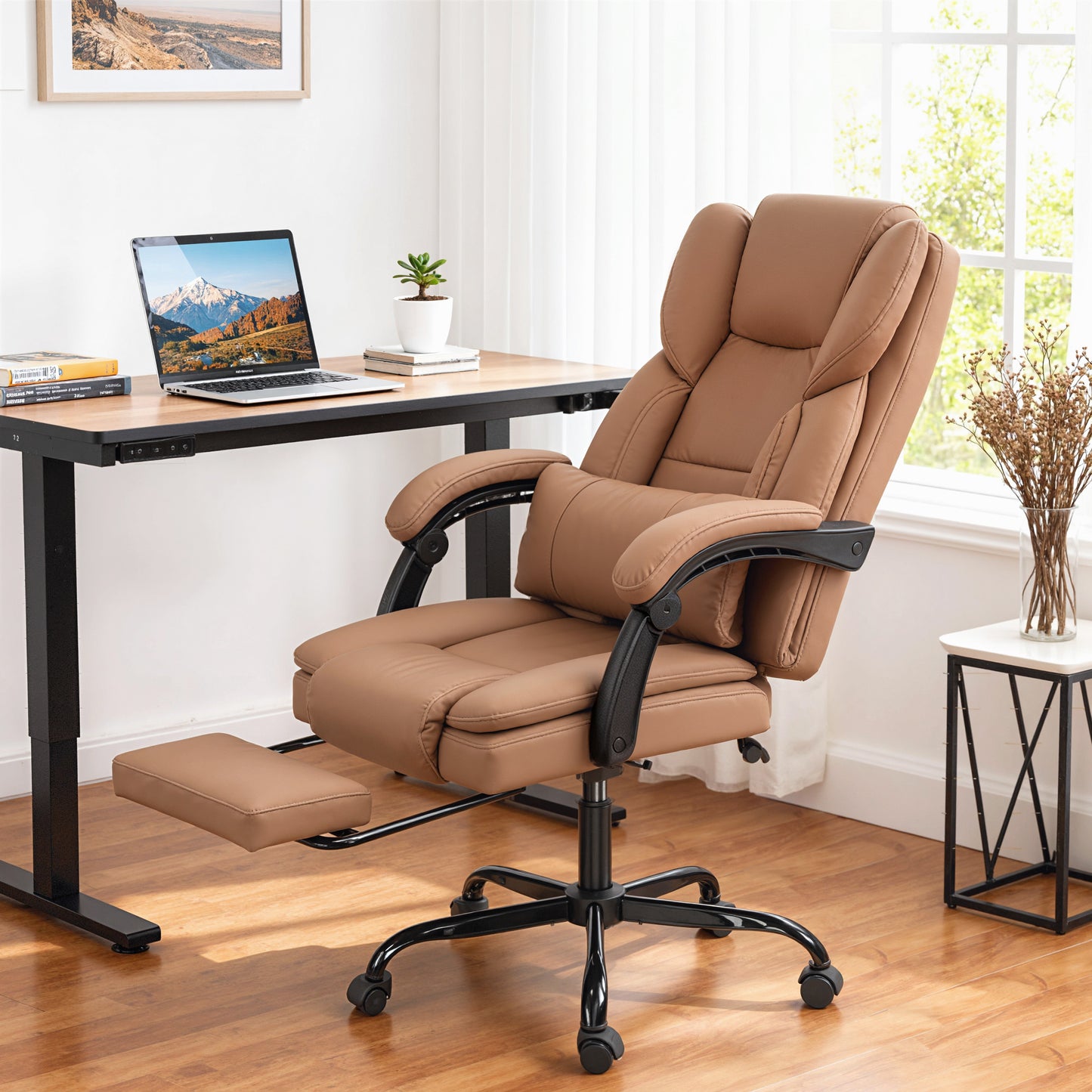 HOMCOM Ergonomic Massage Office Chair with Lumbar Support, Footrest, Brown Faux Leather