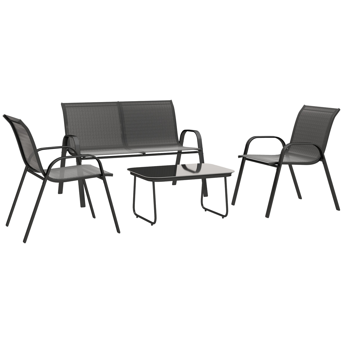 4 Pieces Outdoor Furniture Set with 2 Stackable Chairs, Loveseat, Patio Conversation Set with Glass Coffee Table