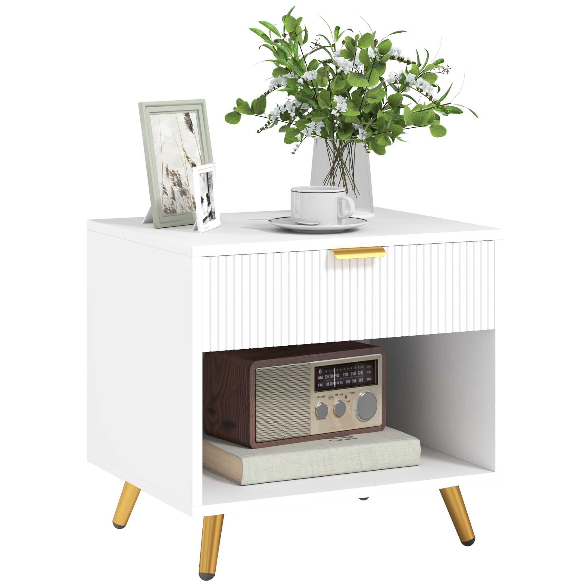 Modern White Fluted Panel Nightstand with Drawer, Open Storage, Gold Legs